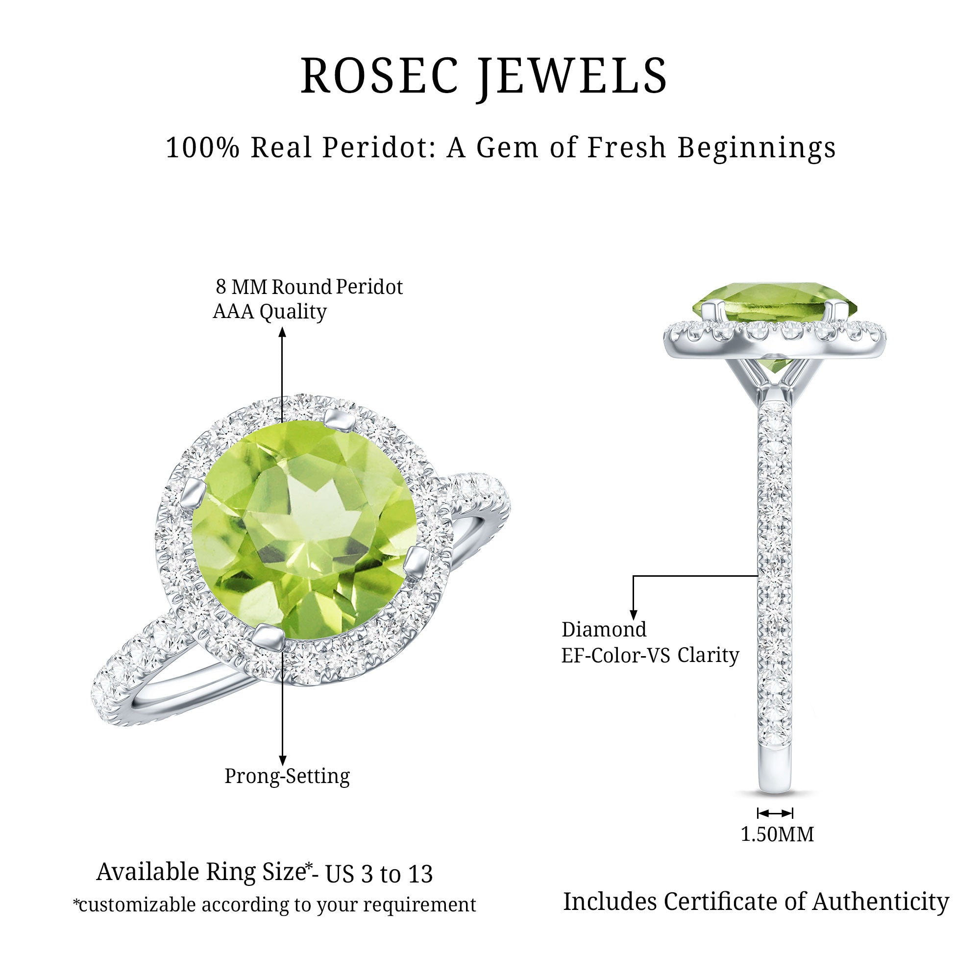 2 Carat Round Peridot Engagement Ring with Diamond Halo AAA - Rosec Jewels