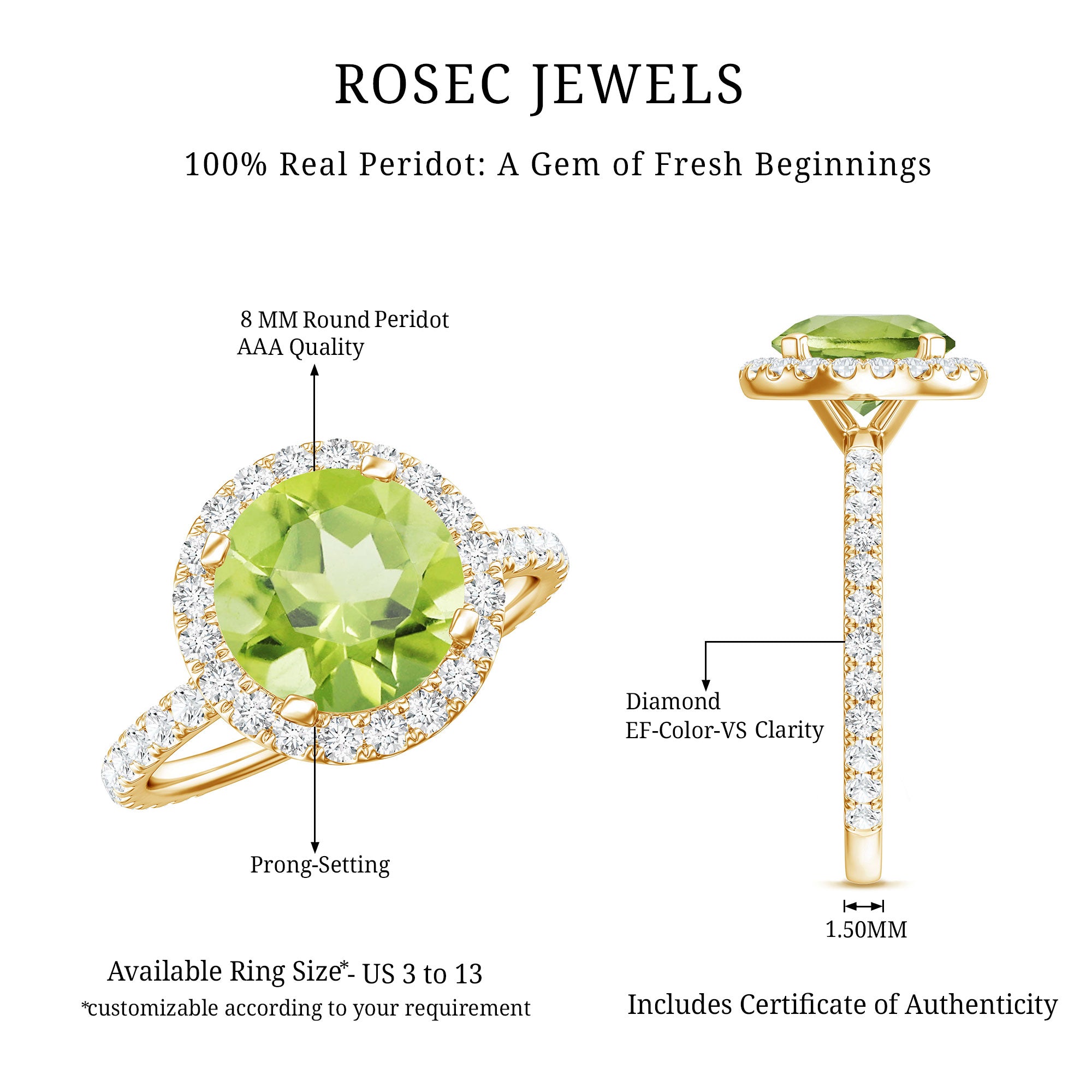2 Carat Round Peridot Engagement Ring with Diamond Halo AAA - Rosec Jewels