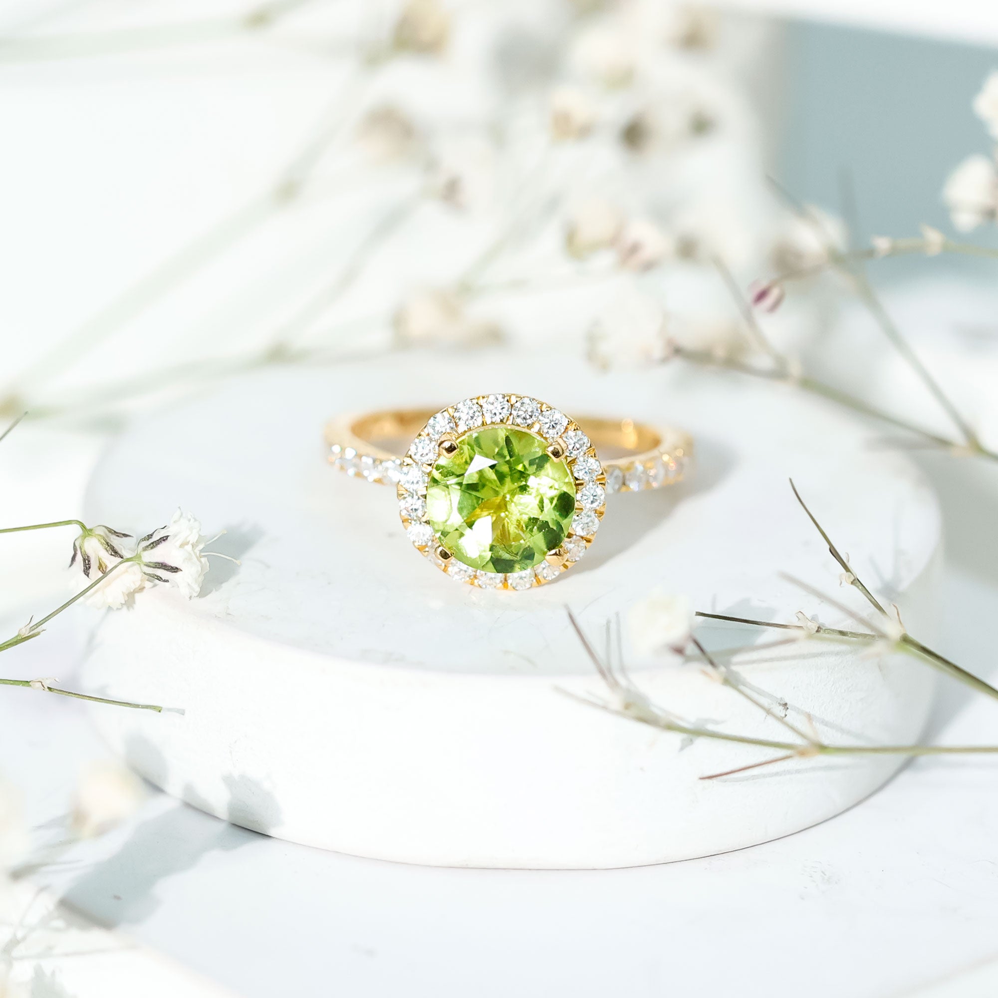2 Carat Round Peridot Engagement Ring with Diamond Halo AAA - Rosec Jewels