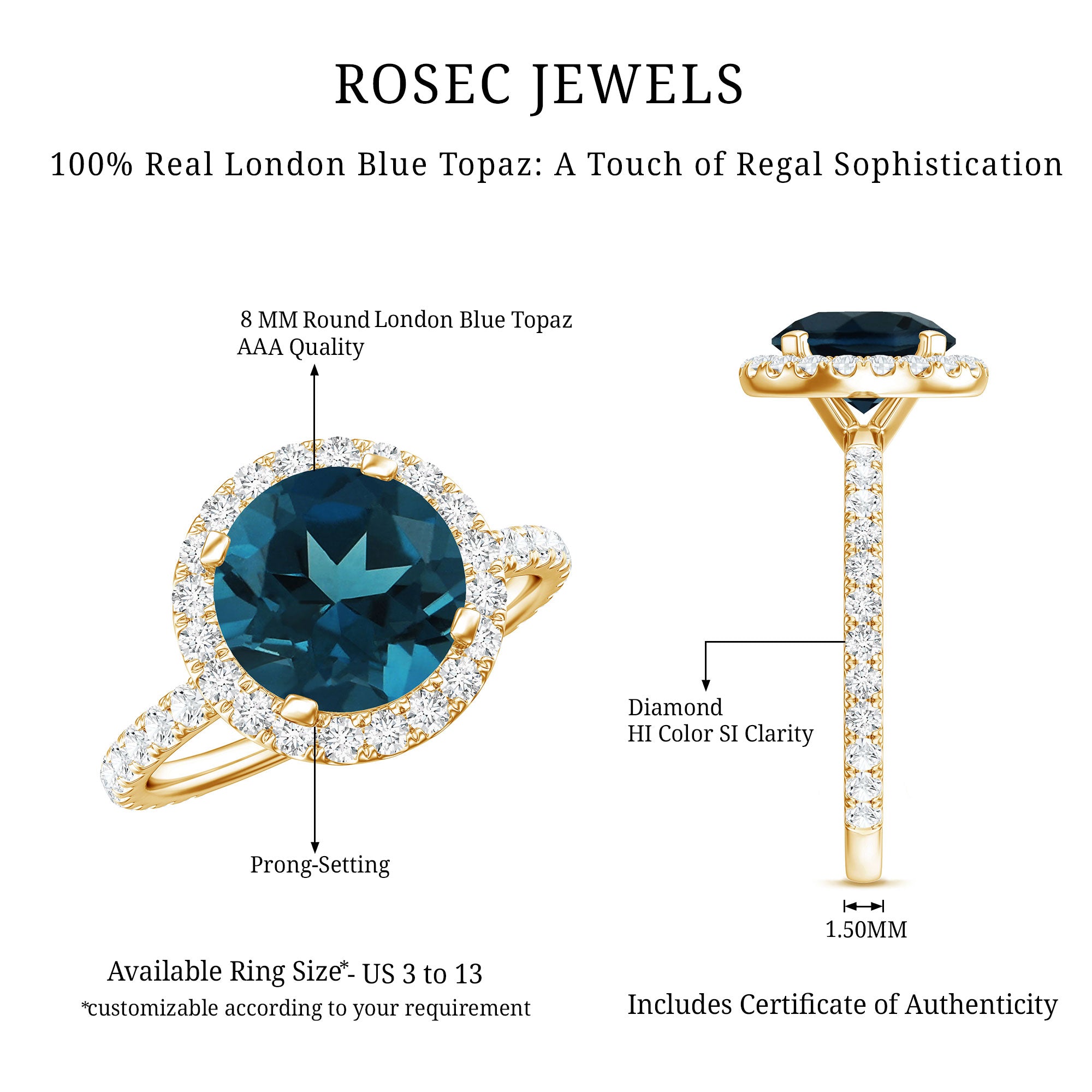 8MM London Blue Topaz Classic Engagement Ring with Diamond AAA - Rosec Jewels