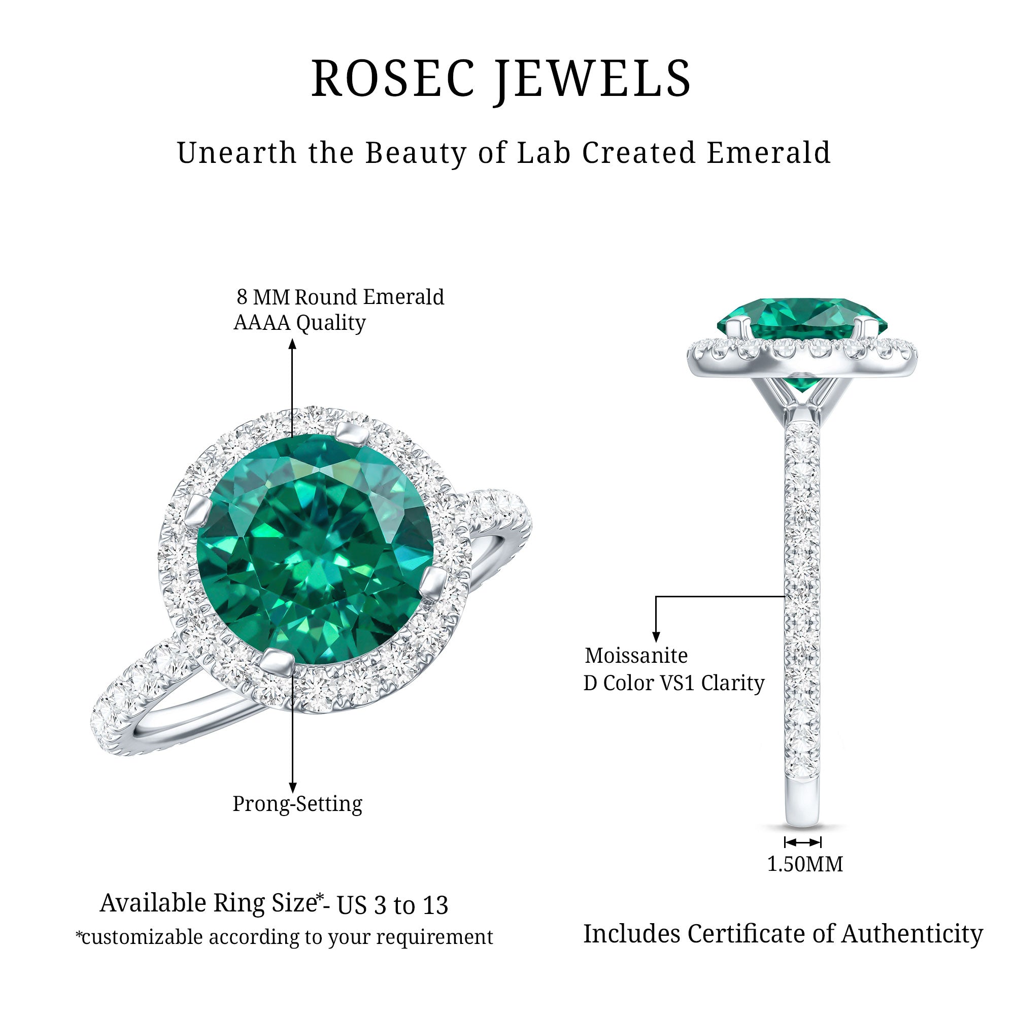 Certified 8 mm Lab Grown Emerald Classic Engagement Ring with Halo AAAA - Rosec Jewels