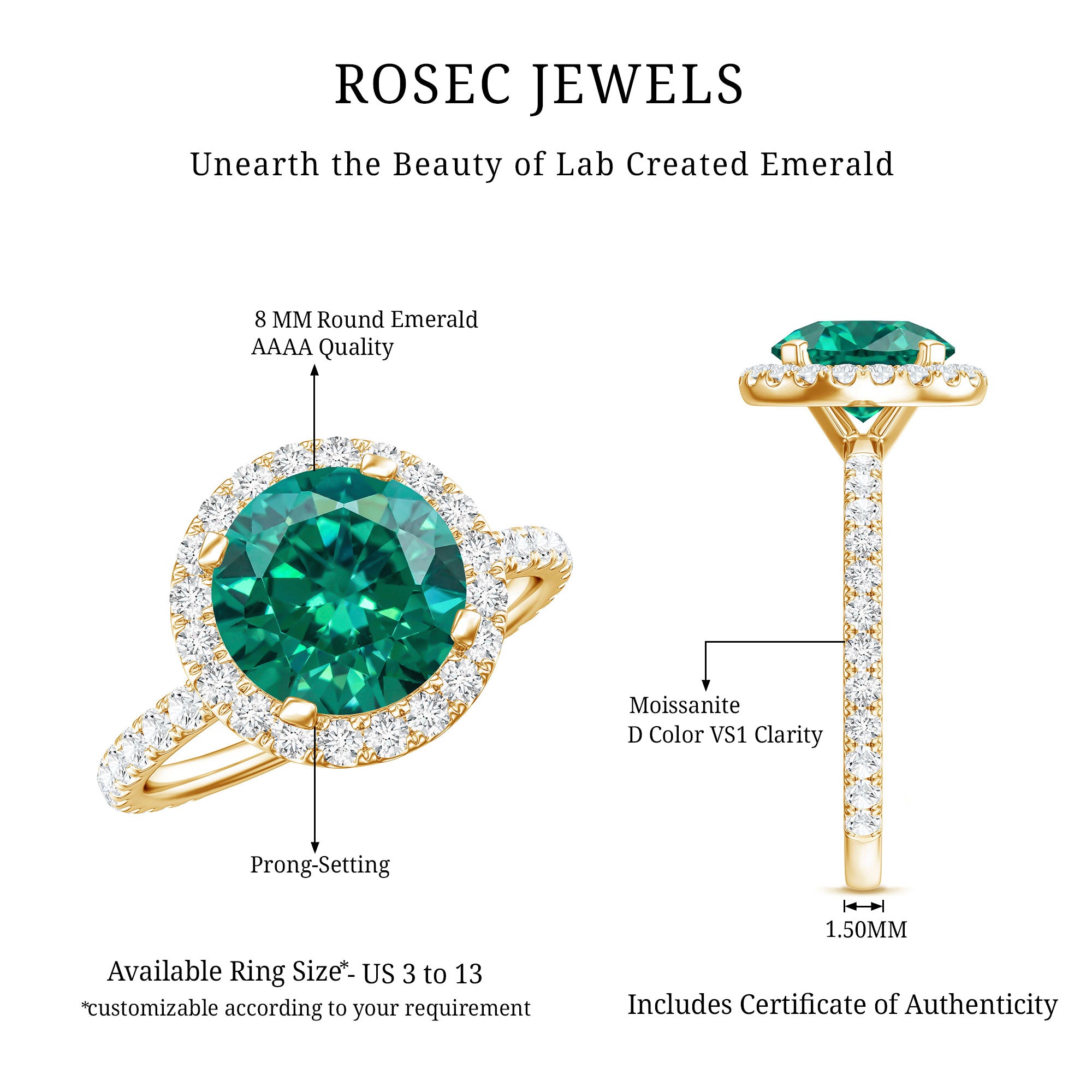 Certified 8 mm Lab Grown Emerald Classic Engagement Ring with Halo AAAA - Rosec Jewels