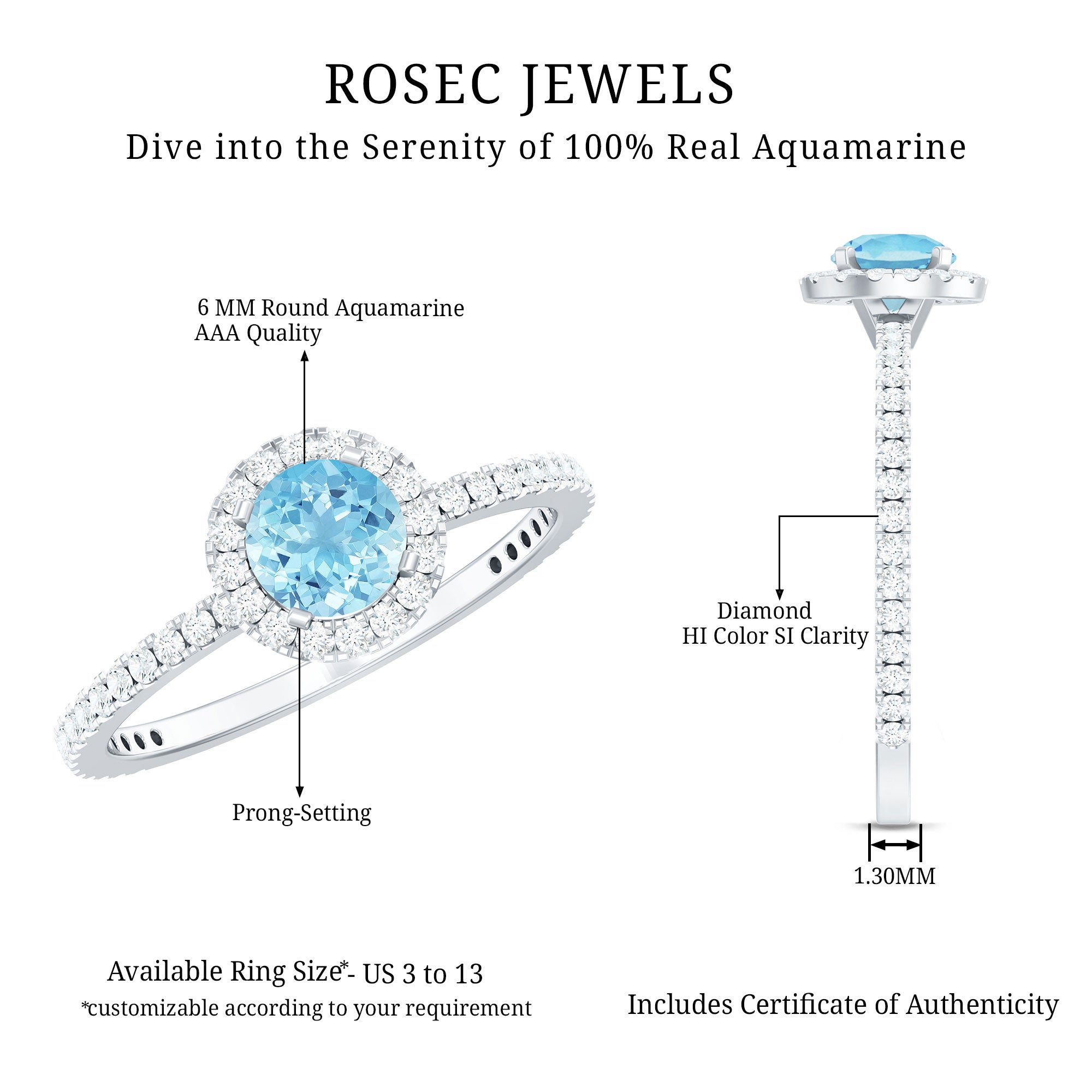 Genuine Blue Aquamarine Ring with Diamond Accent AAA - Rosec Jewels
