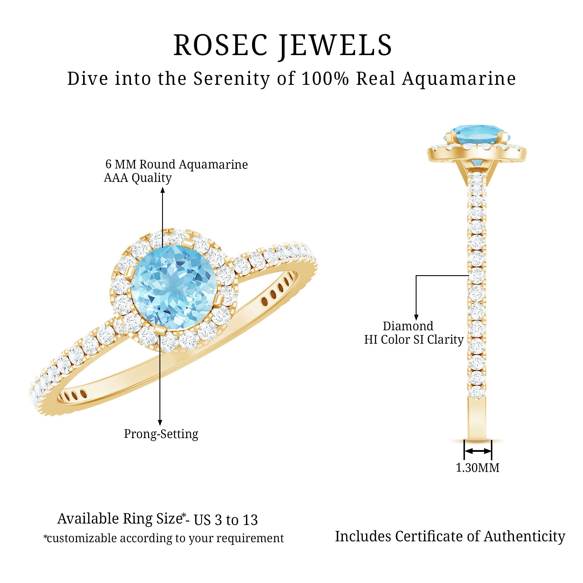 Genuine Blue Aquamarine Ring with Diamond Accent AAA - Rosec Jewels