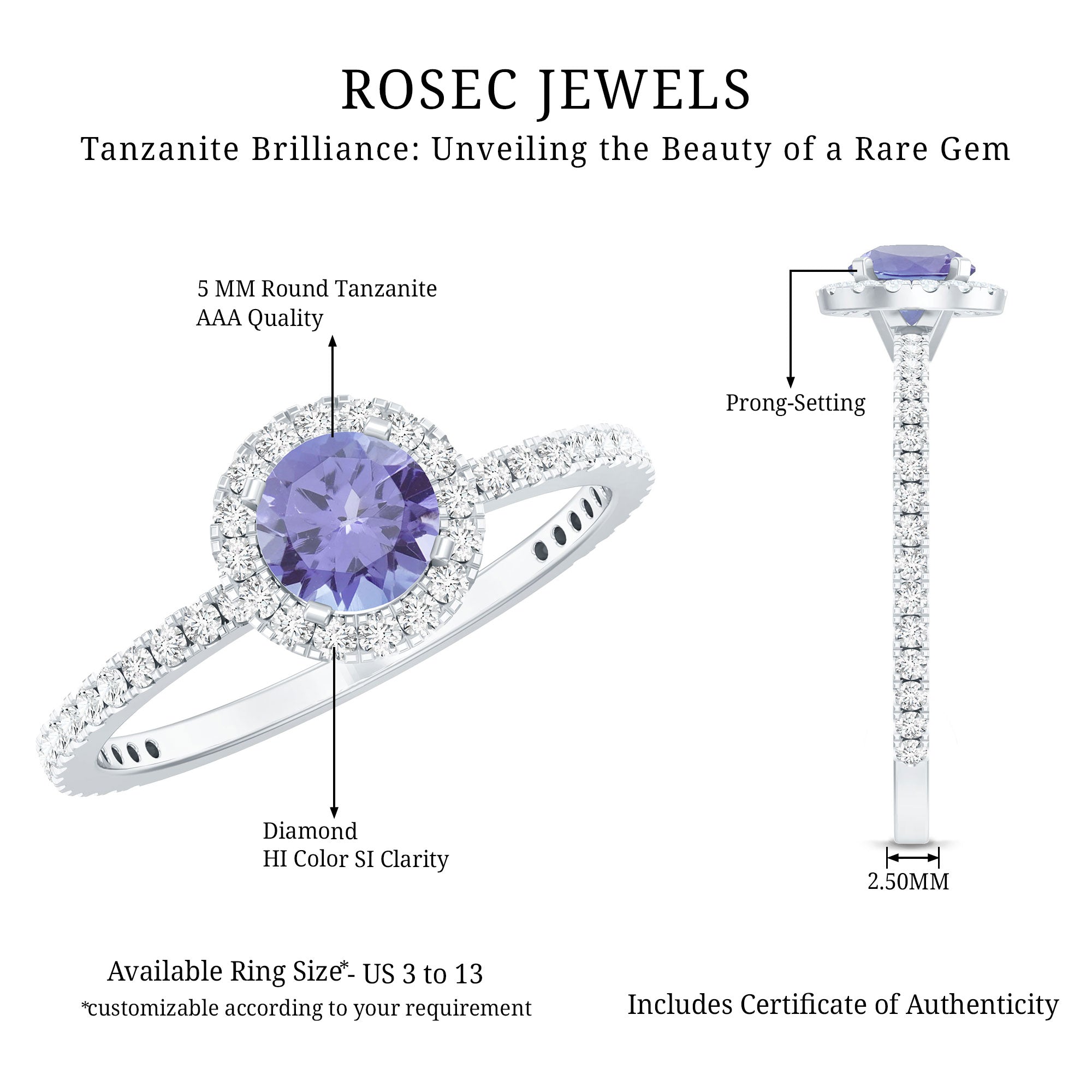 Womens Tanzanite Halo Ring with Diamond AAA - Rosec Jewels