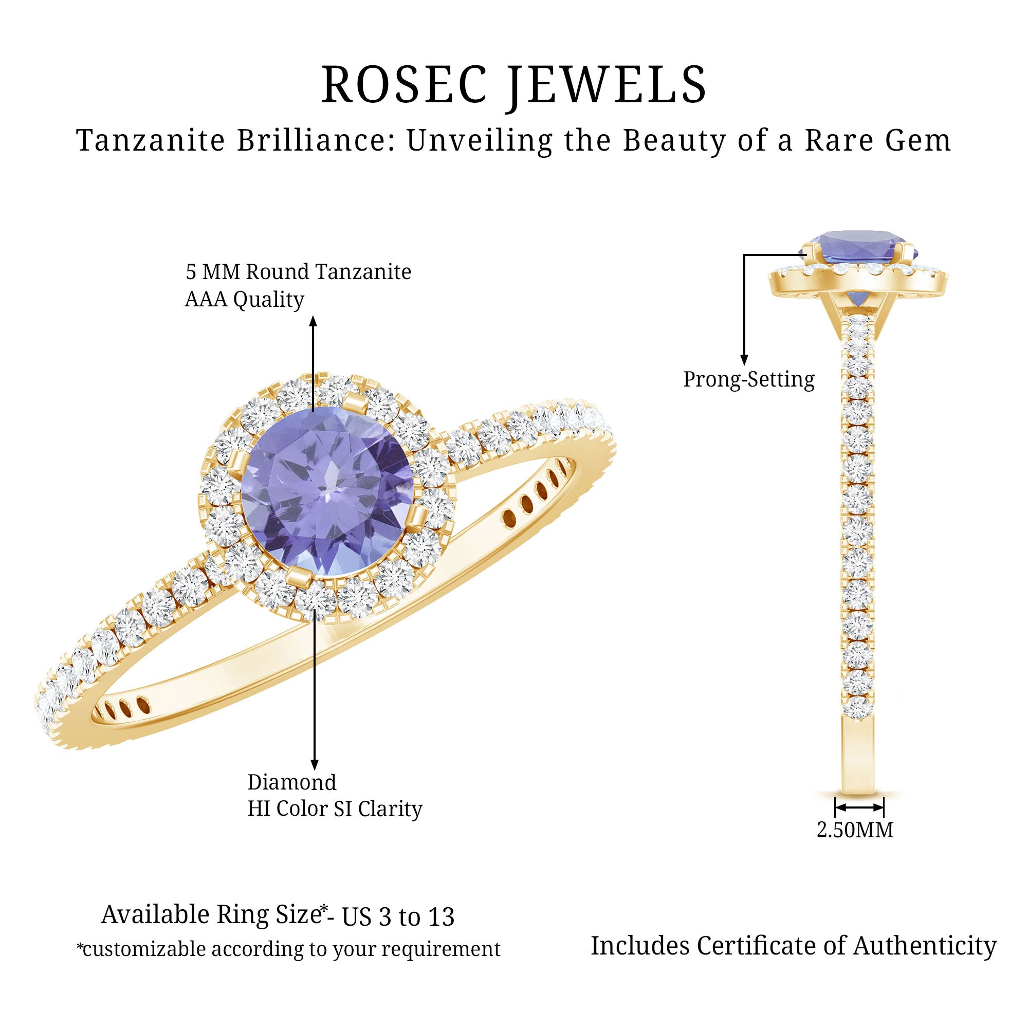 Womens Tanzanite Halo Ring with Diamond AAA - Rosec Jewels