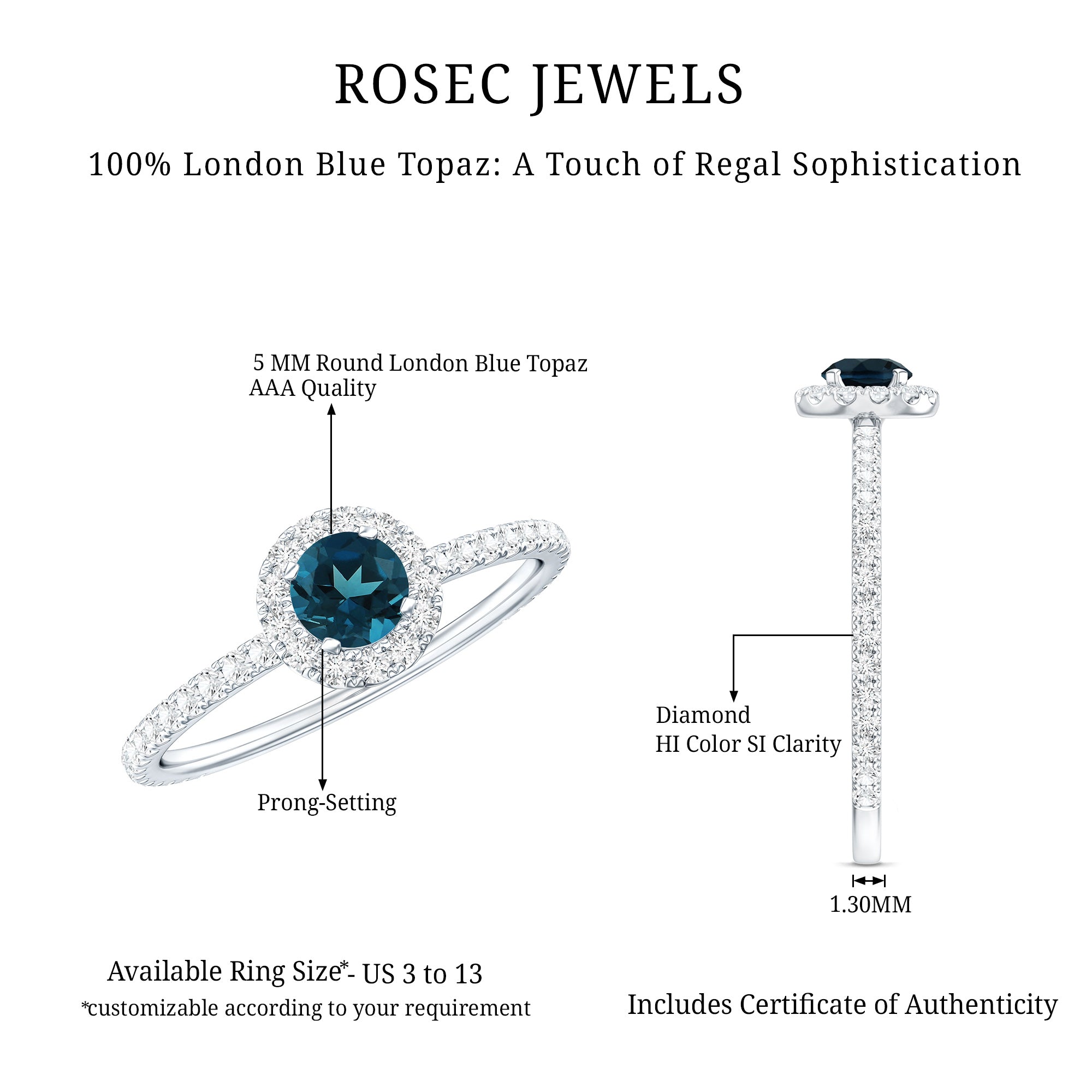 Round Shaped Blue Topaz and Diamond Minimal Engagement Ring AAA - Rosec Jewels