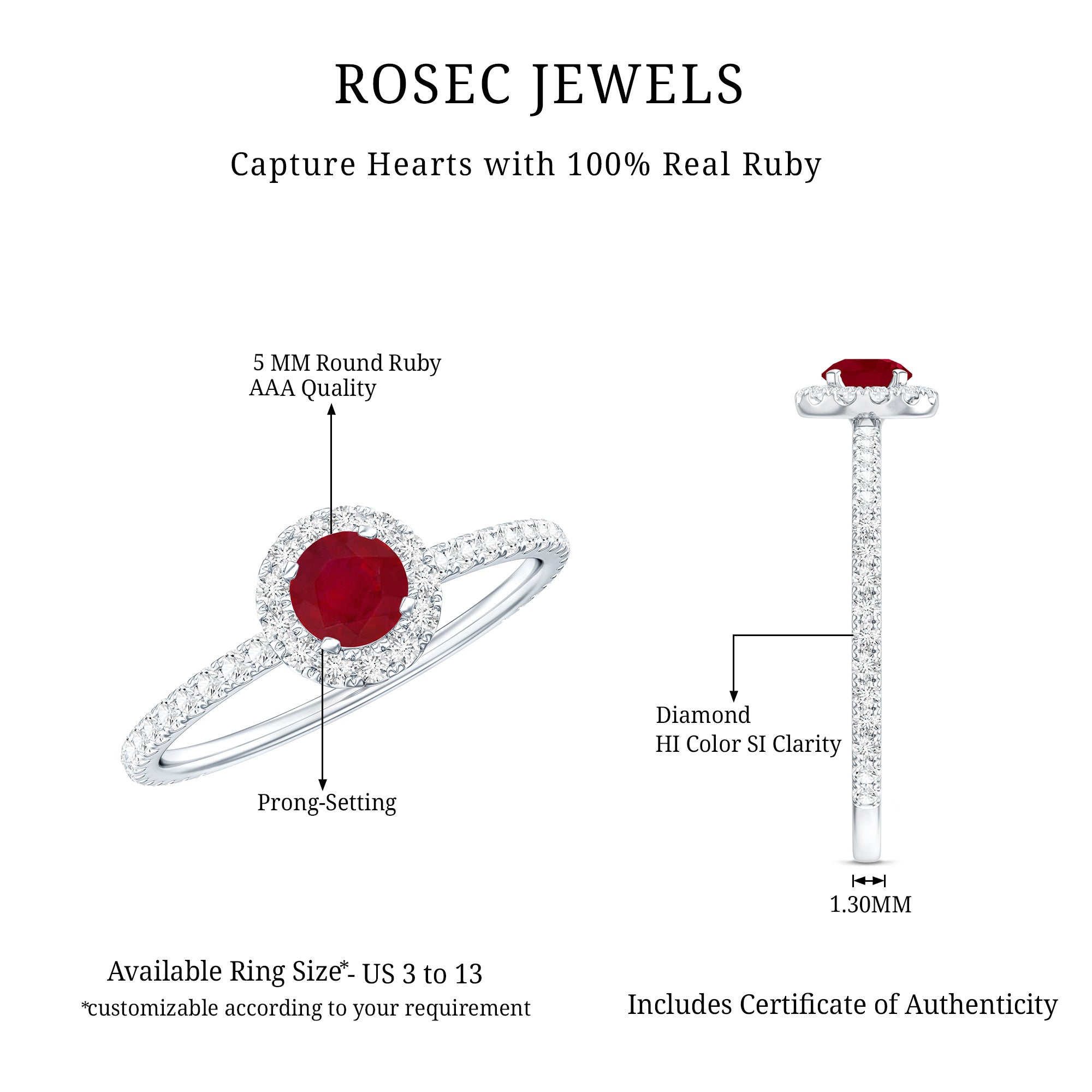 Real 0.6 Carat Ruby Engagement Ring with Diamond Halo AAA - Rosec Jewels