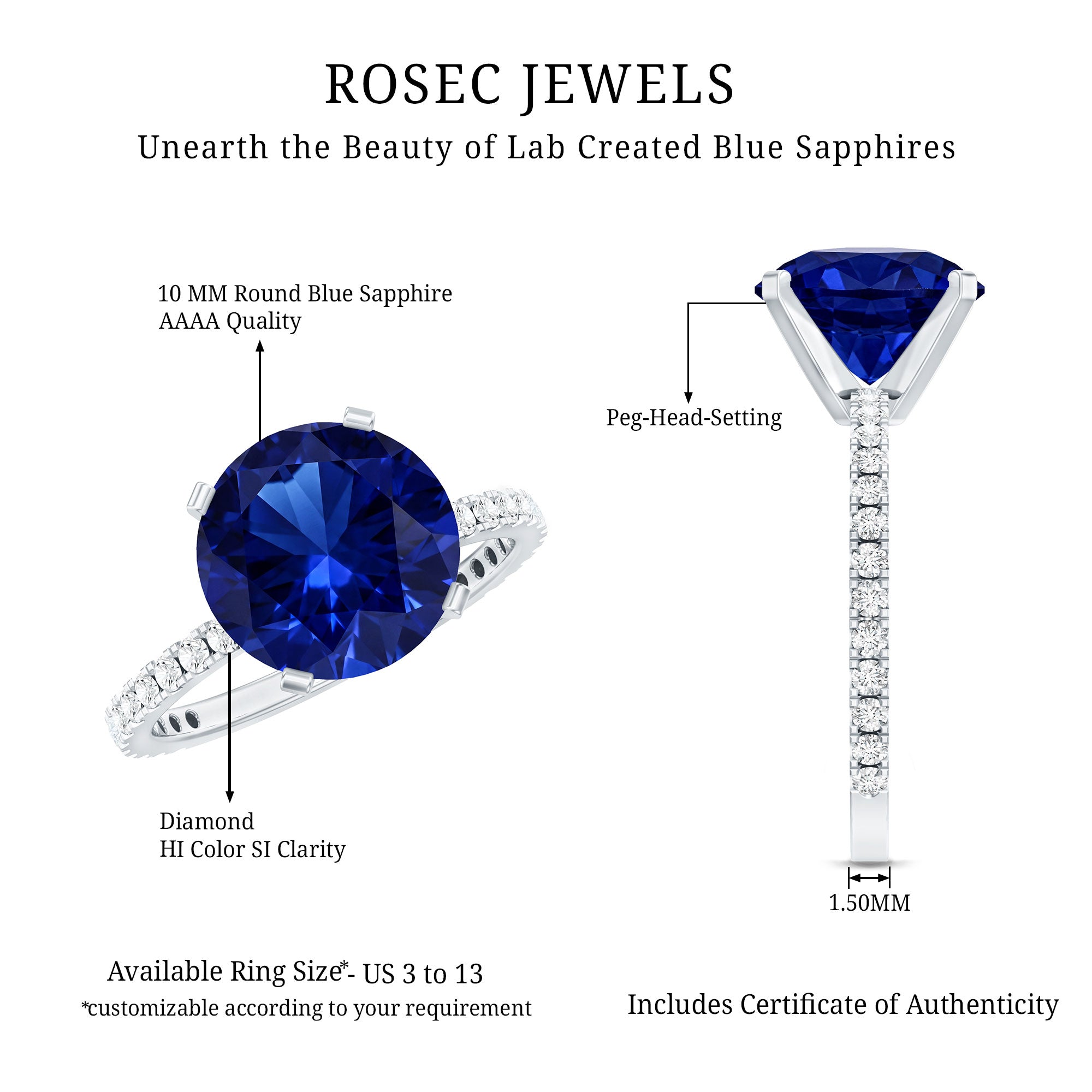 Certified 4.5 Carat Lab Grown Blue Sapphire Engagement Ring with Diamond AAAA - Rosec Jewels