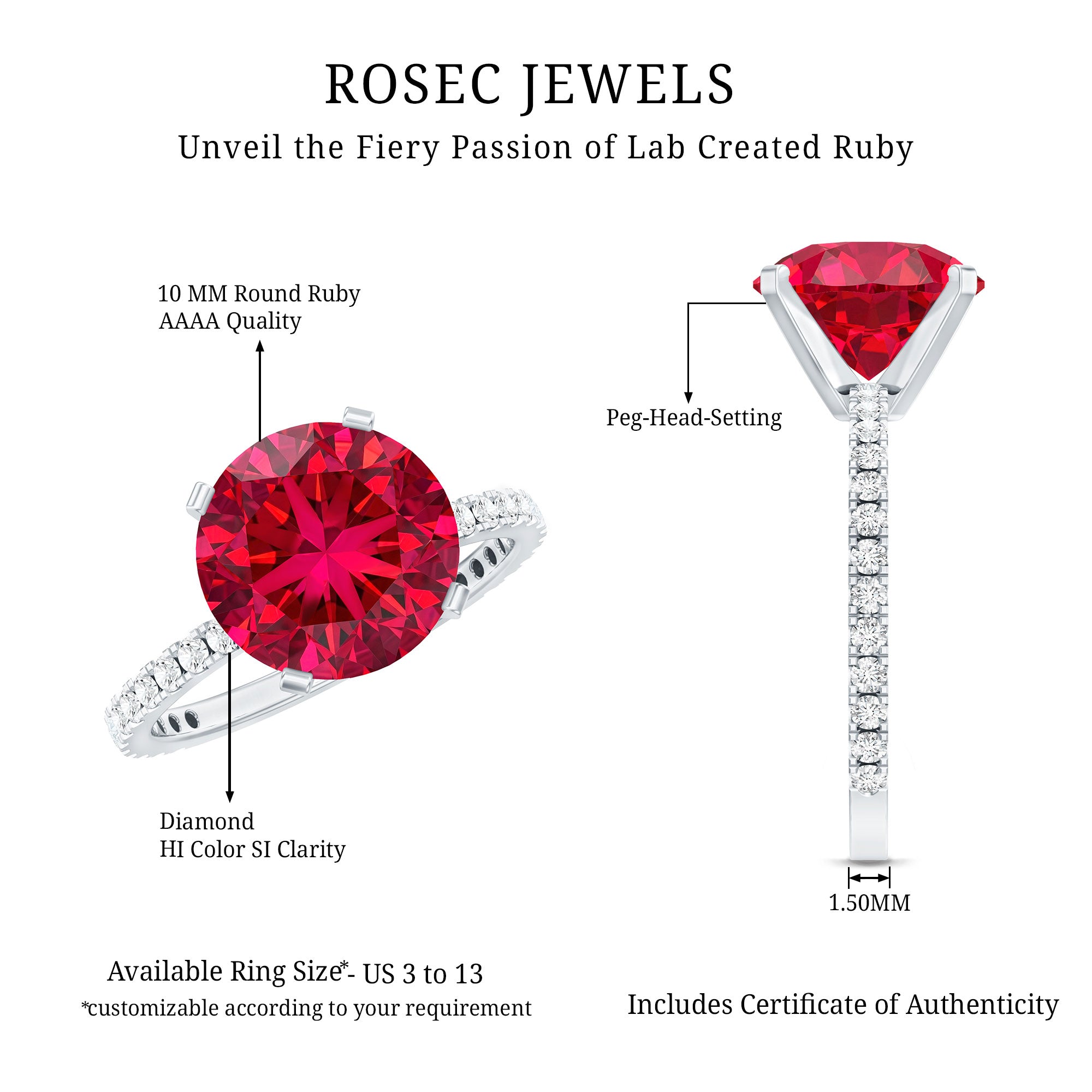 5 Carat Lab Created Ruby Solitaire Engagement Ring with Real Diamonds AAAA - Rosec Jewels
