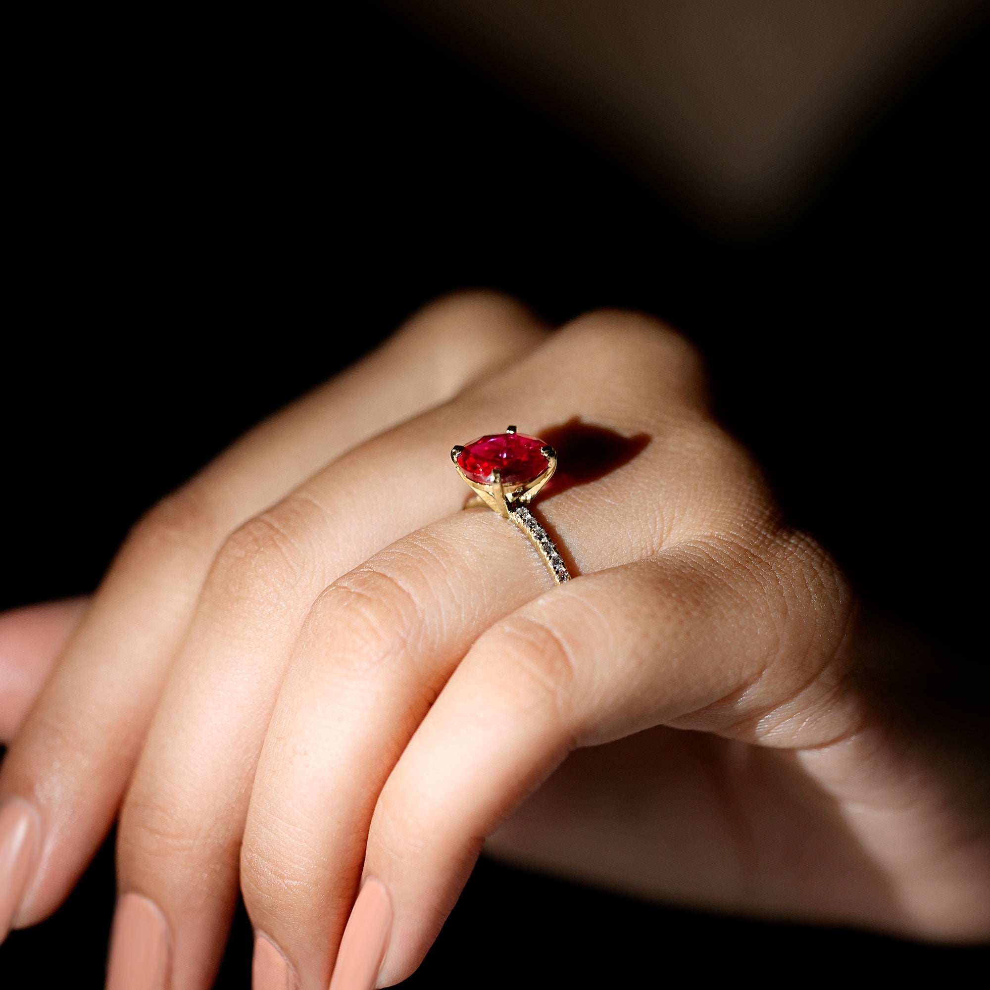 Round 5 Carat Lab Created Ruby Huge Engagement Ring with Diamond Side Stones AAAA - Rosec Jewels