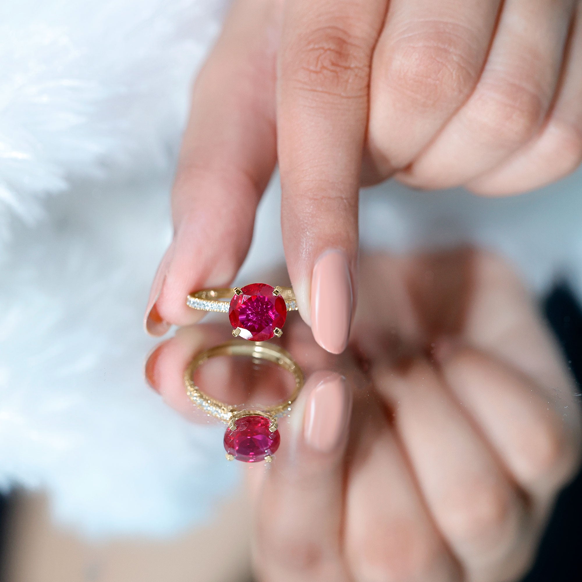 Round 5 Carat Lab Created Ruby Huge Engagement Ring with Diamond Side Stones AAAA - Rosec Jewels