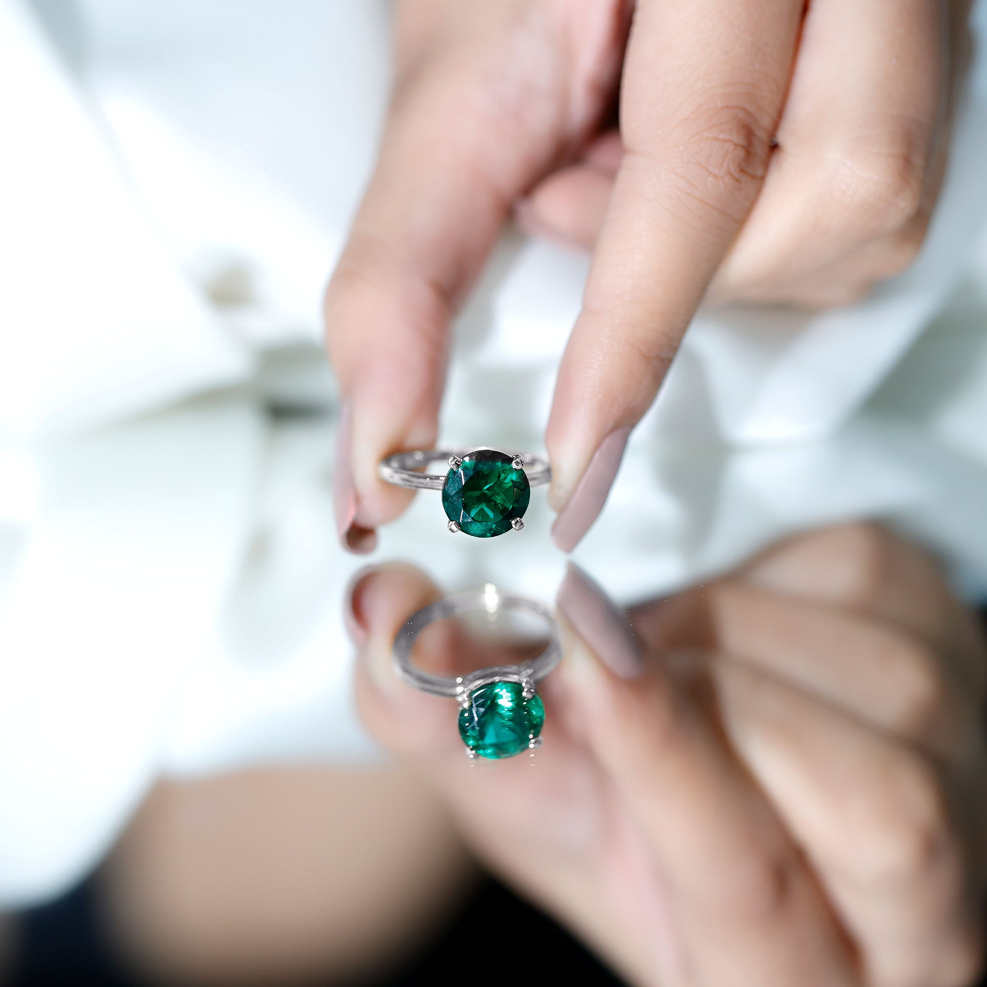 10mm Round Lab Created Emerald Solitaire Ring AAAA - Rosec Jewels