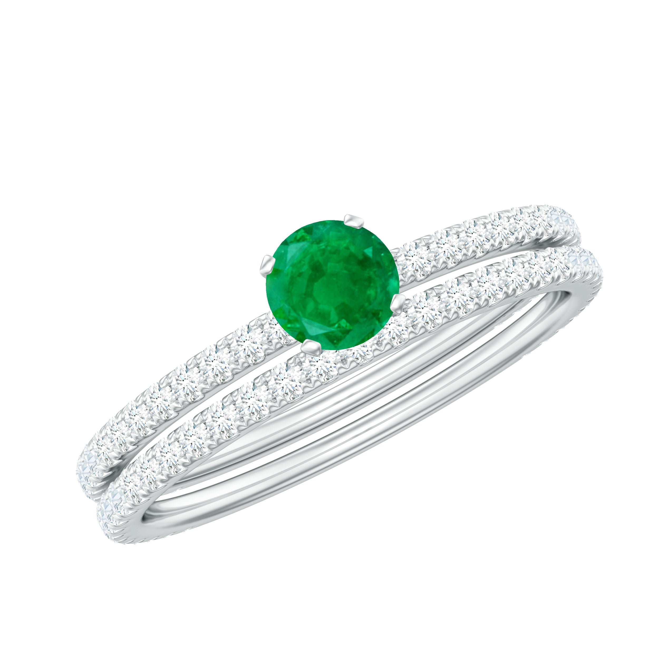 Minimal Emerald Diamond Wedding Engagement Ring Set of 2 AAA - Rosec Jewels