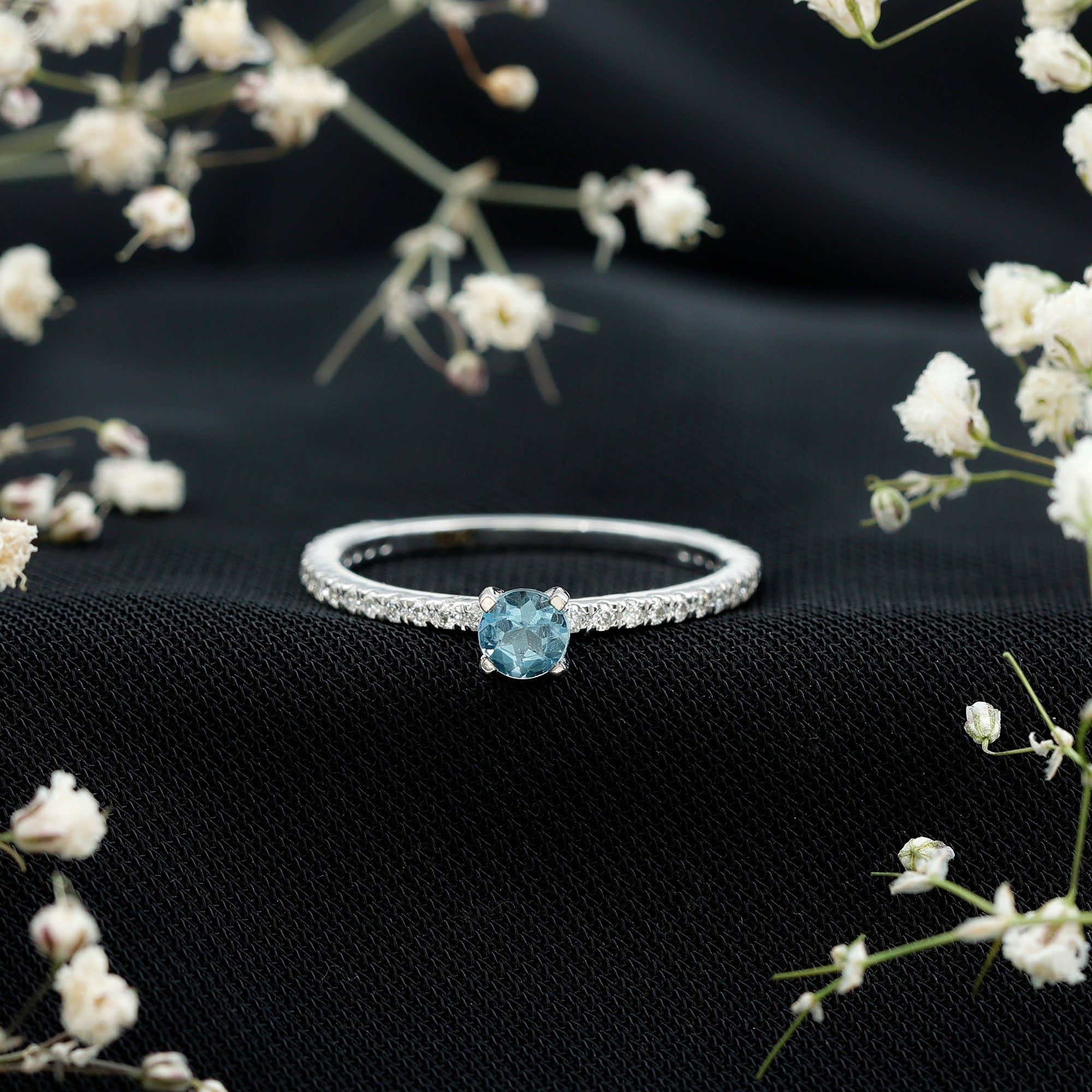 Real Aquamarine Solitaire Ring with Diamond Side Stones AAA - Rosec Jewels