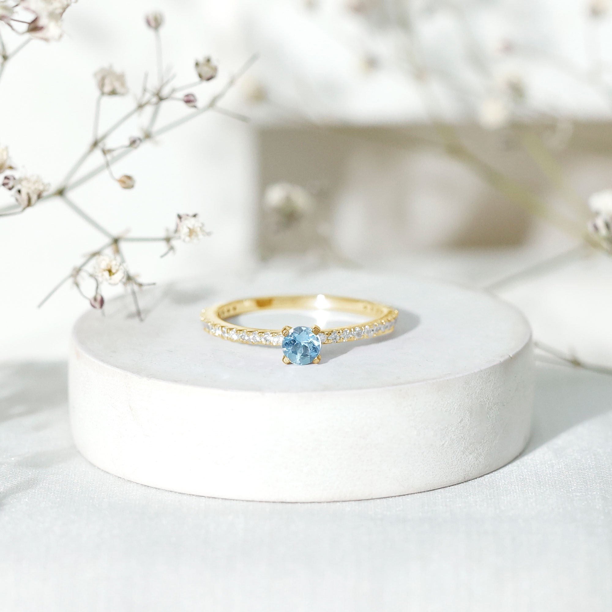 Real Aquamarine Solitaire Ring with Diamond Side Stones AAA - Rosec Jewels