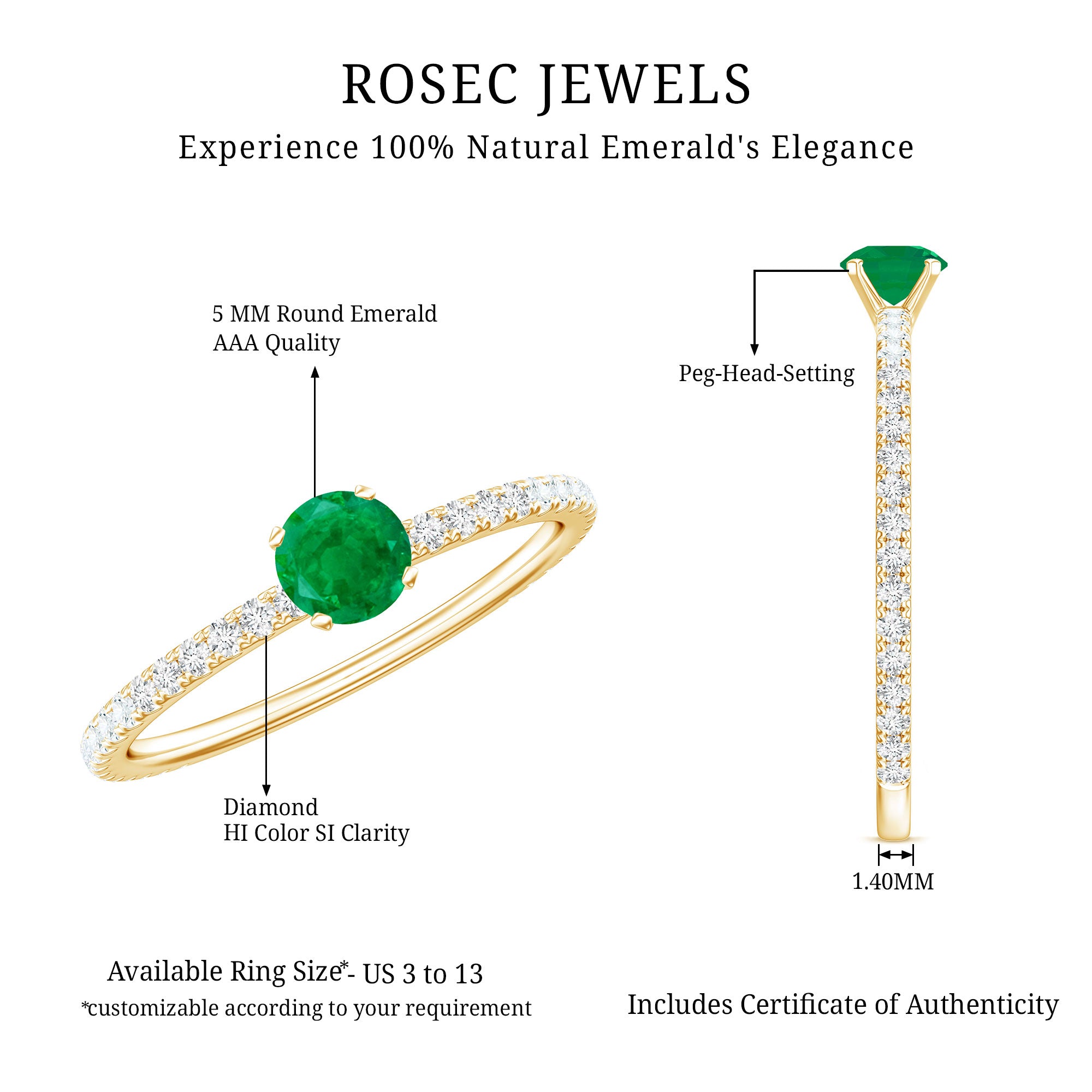 0.49 Carat Emerald Dainty Solitaire Ring with French Pave Set Diamond AAA - Rosec Jewels