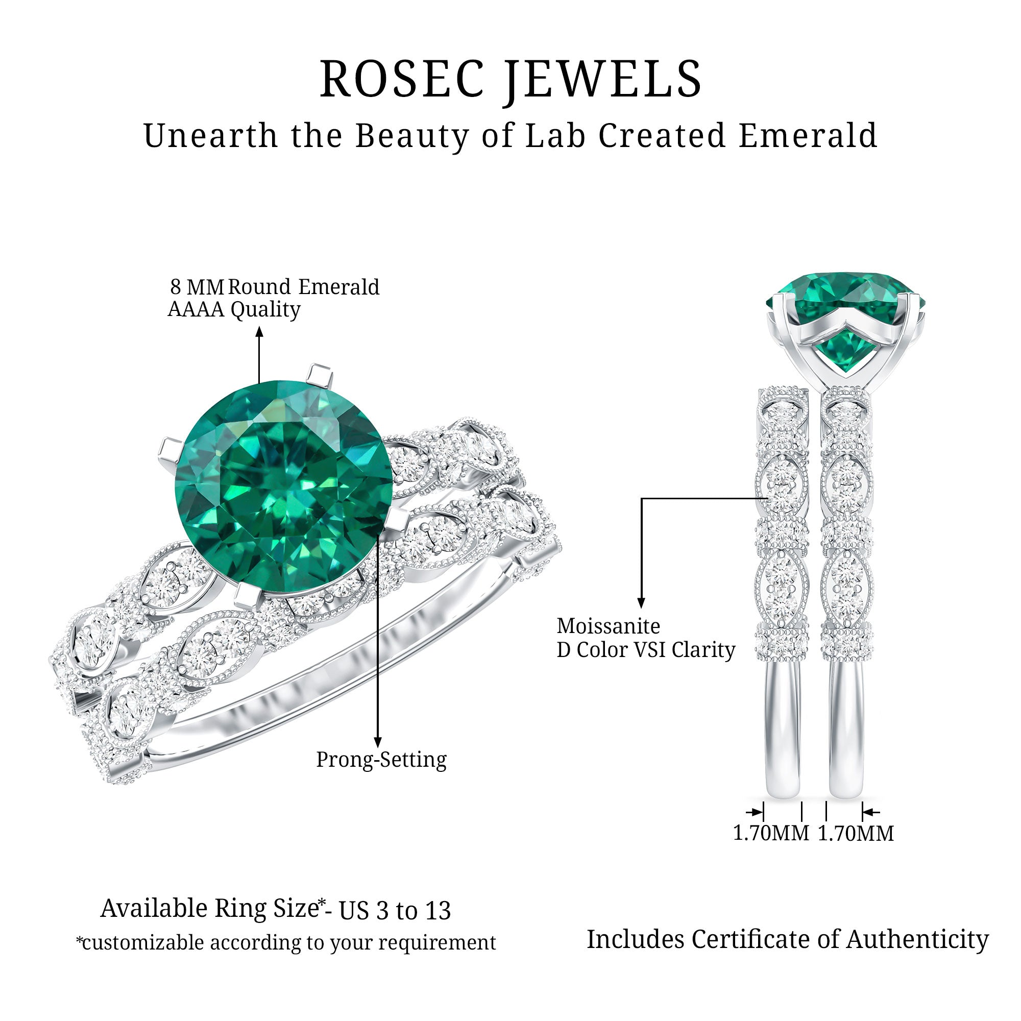 8 mm Round Lab Created Emerald and Moissanite Vintage Inspired Ring Set AAAA - Rosec Jewels