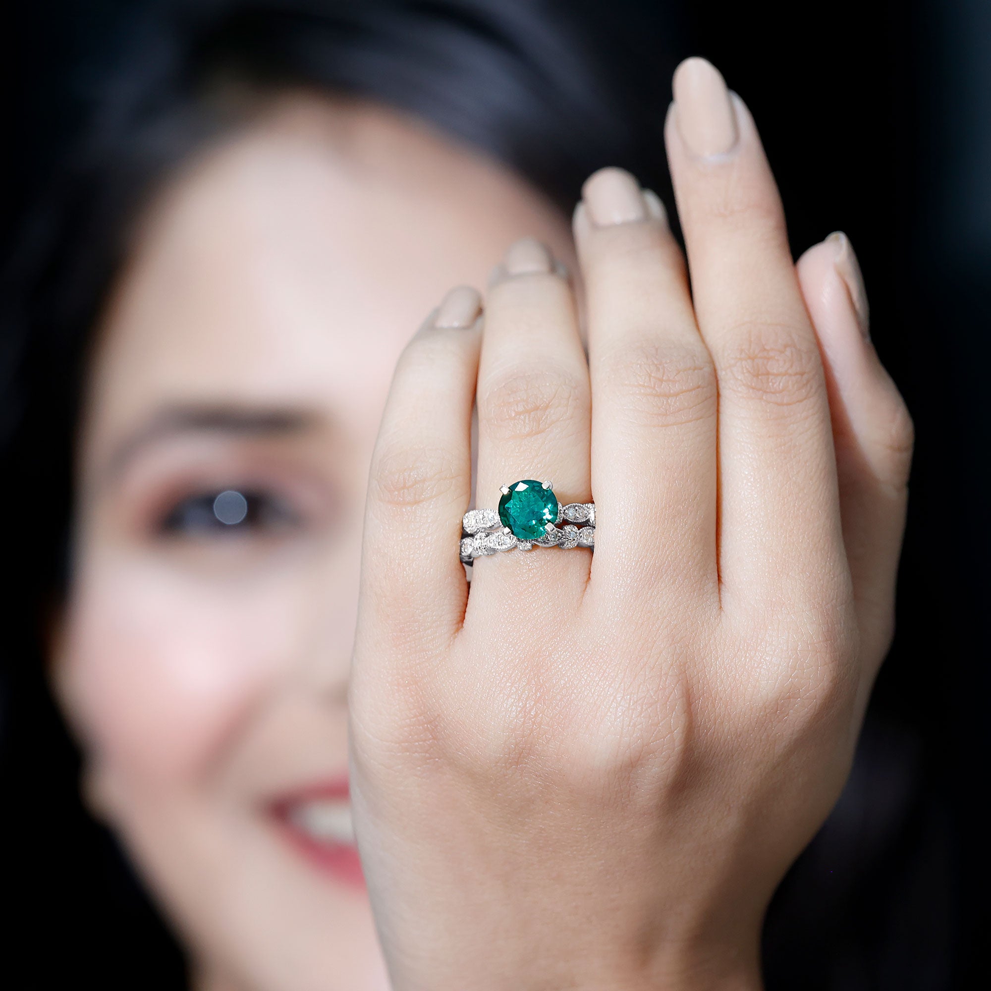8 mm Round Lab Created Emerald and Moissanite Vintage Inspired Ring Set AAAA - Rosec Jewels