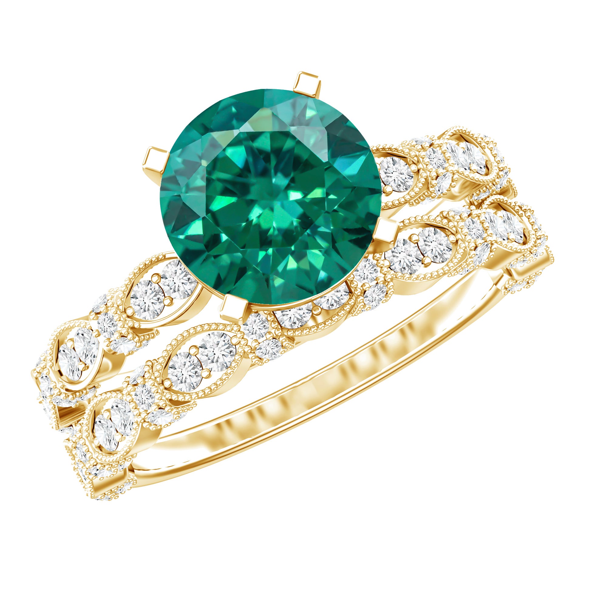 8 mm Round Lab Created Emerald and Moissanite Vintage Inspired Ring Set AAAA - Rosec Jewels