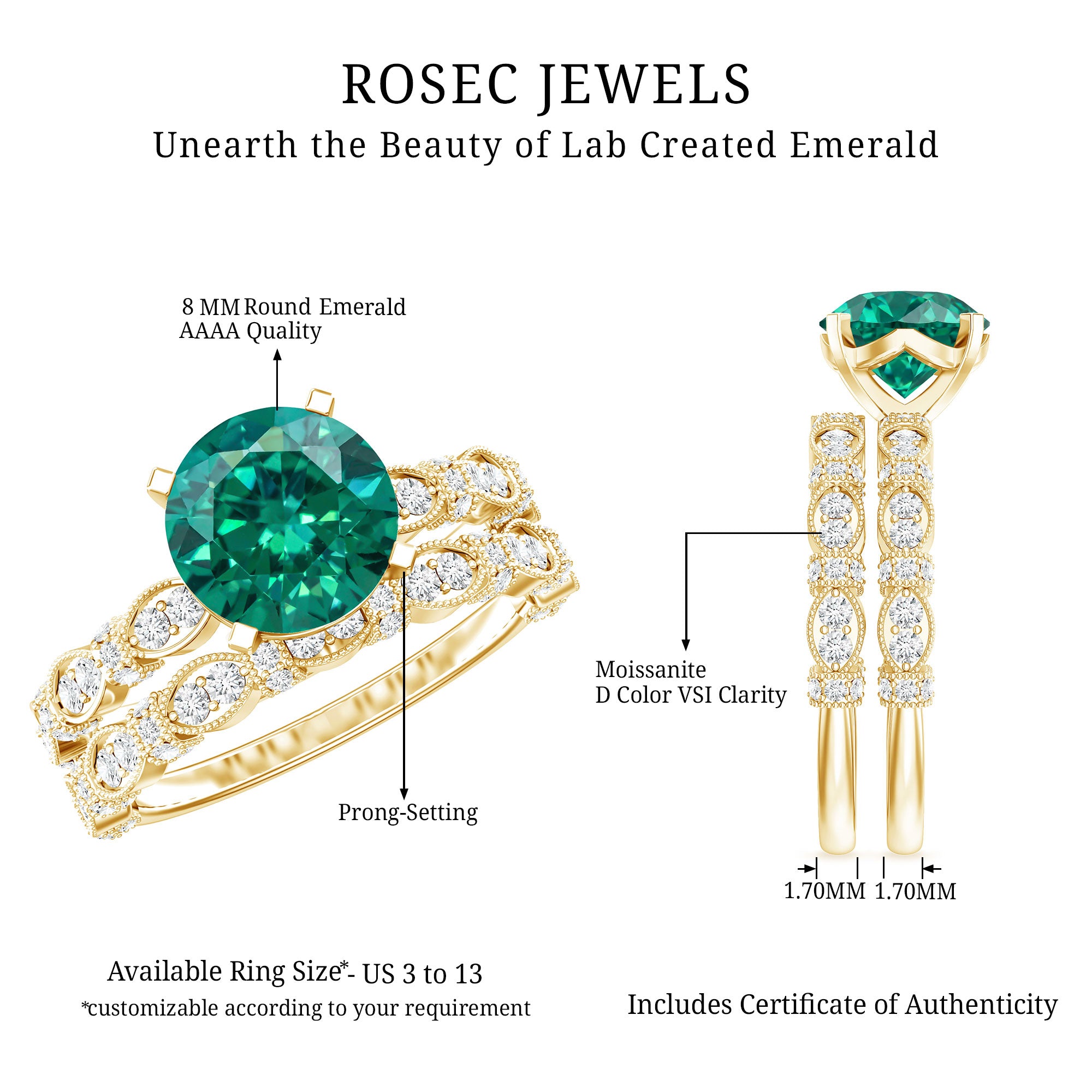 8 mm Round Lab Created Emerald and Moissanite Vintage Inspired Ring Set AAAA - Rosec Jewels