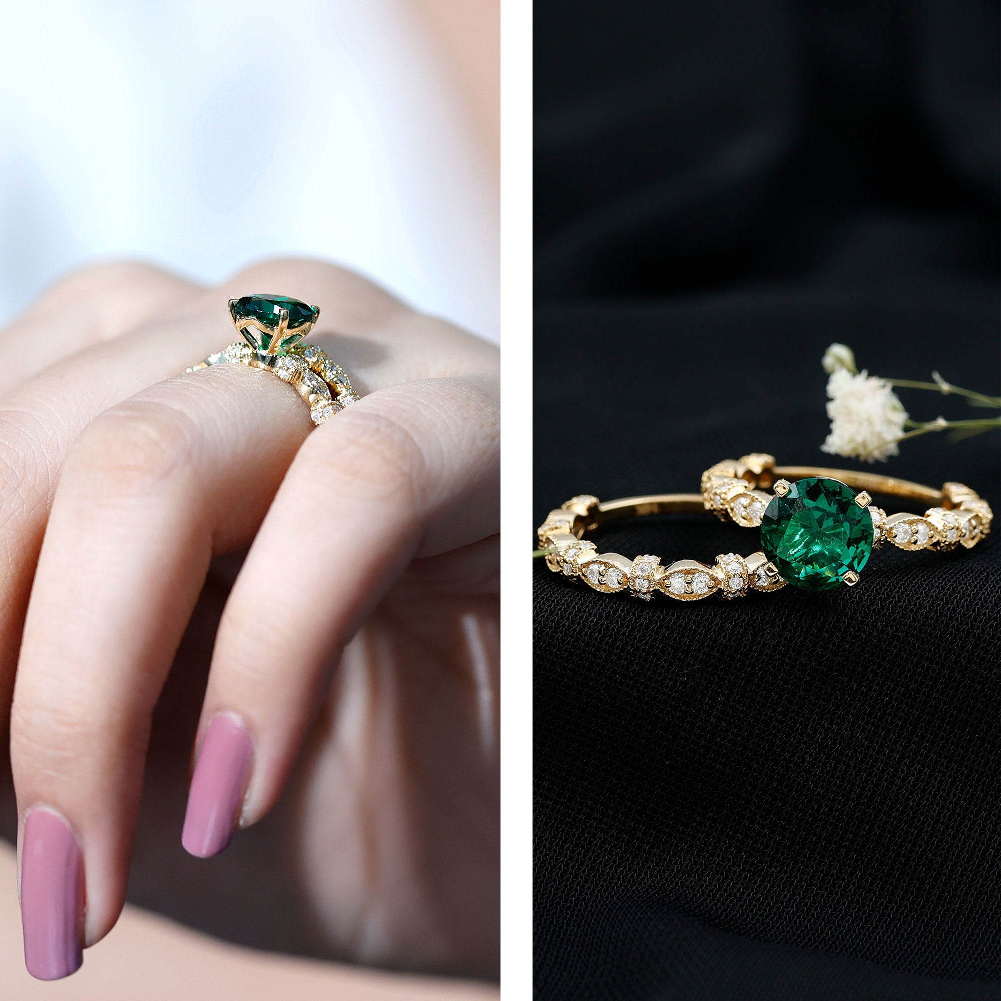 8 mm Round Lab Created Emerald and Moissanite Vintage Inspired Ring Set AAAA - Rosec Jewels