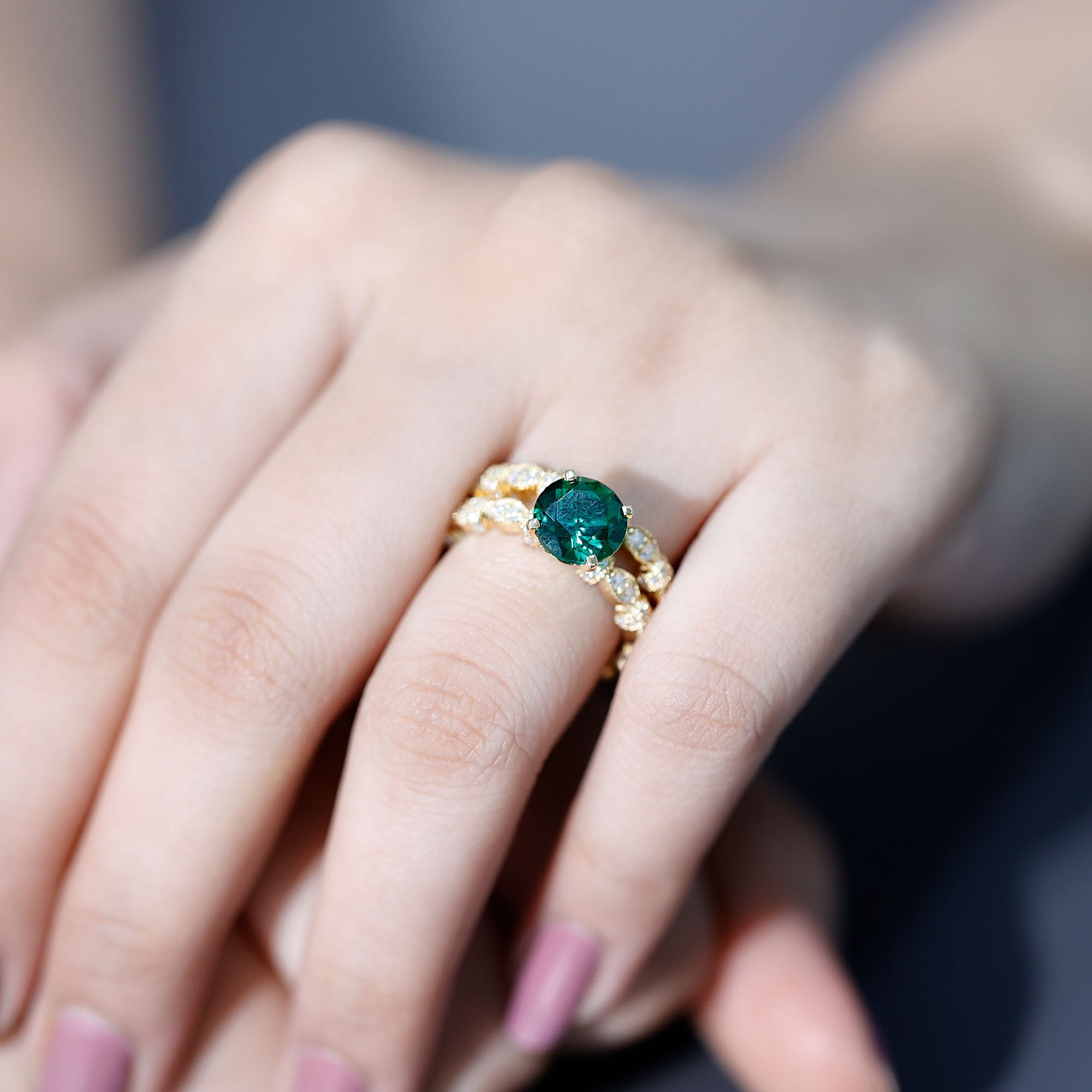 8 mm Round Lab Created Emerald and Moissanite Vintage Inspired Ring Set AAAA - Rosec Jewels