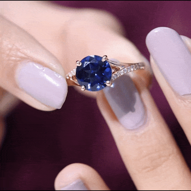 2.7 Carat Round Lab Grown Blue Sapphire Engagement Ring with Diamond Split Shank AAAA - Rosec Jewels