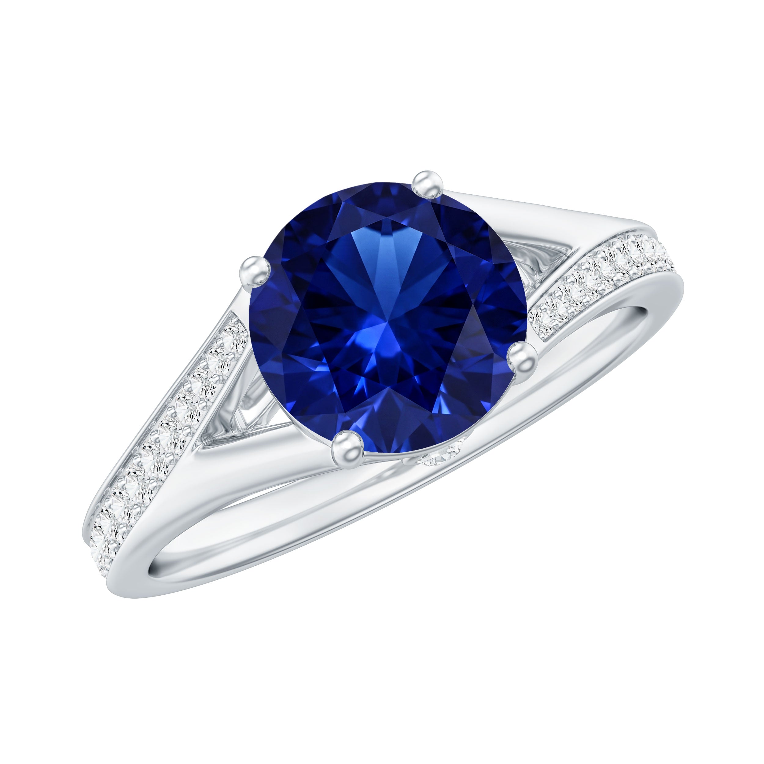 2.7 Carat Round Lab Grown Blue Sapphire Engagement Ring with Diamond Split Shank AAAA - Rosec Jewels