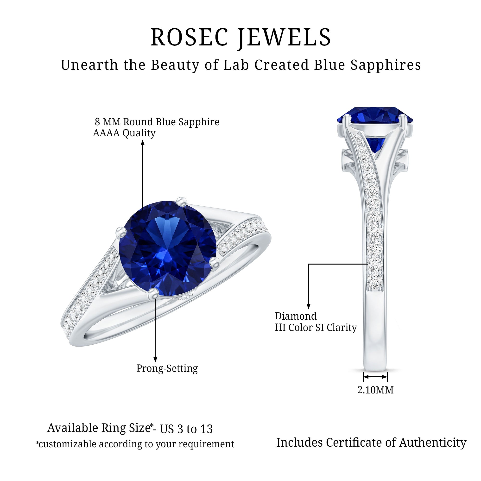 2.7 Carat Round Lab Grown Blue Sapphire Engagement Ring with Diamond Split Shank AAAA - Rosec Jewels