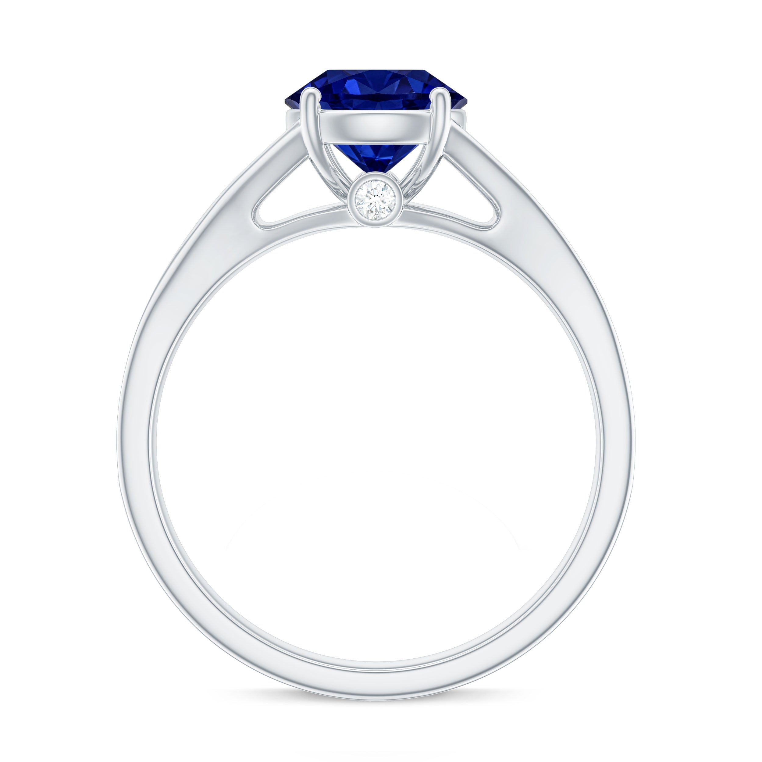 2.7 Carat Round Lab Grown Blue Sapphire Engagement Ring with Diamond Split Shank AAAA - Rosec Jewels