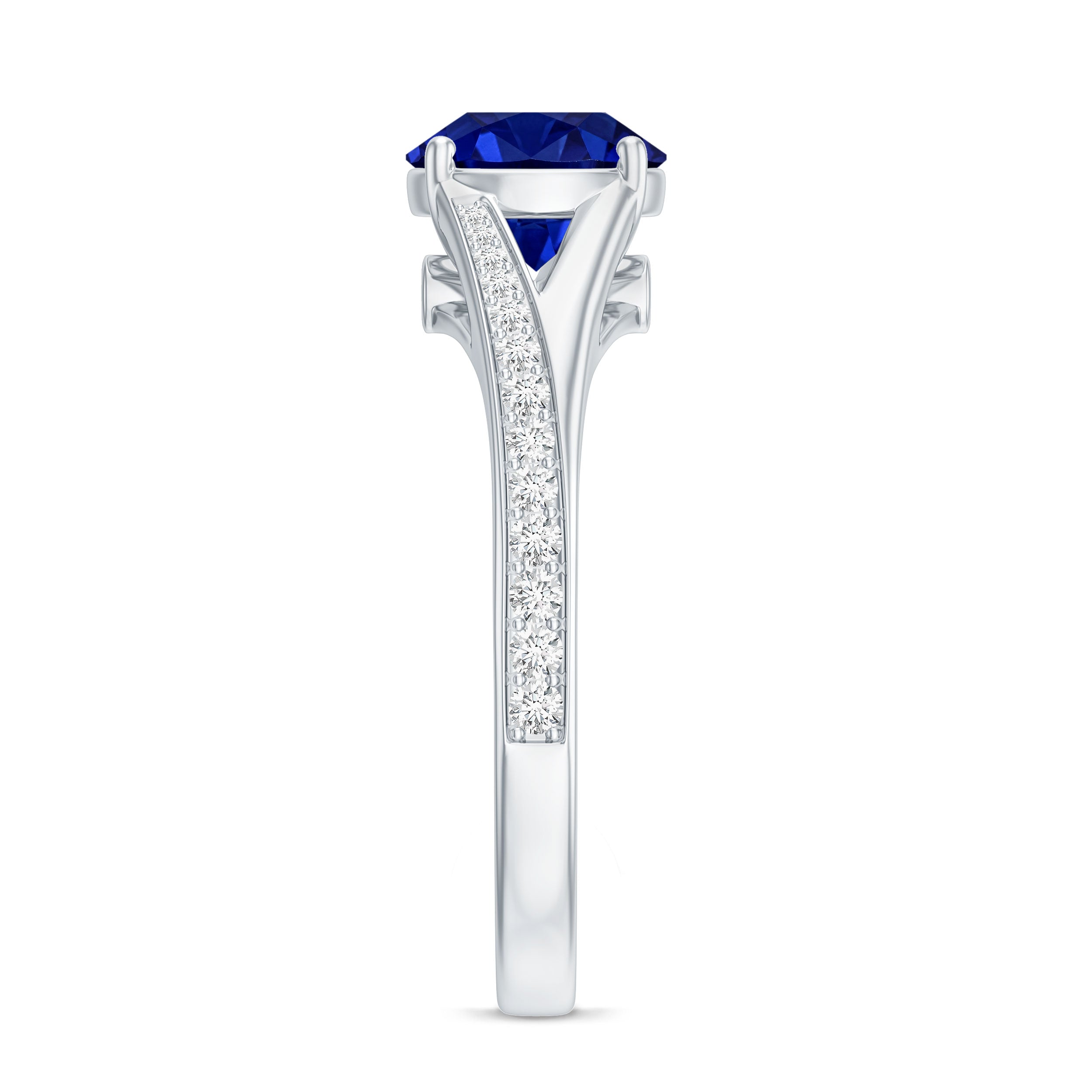 2.7 Carat Round Lab Grown Blue Sapphire Engagement Ring with Diamond Split Shank AAAA - Rosec Jewels