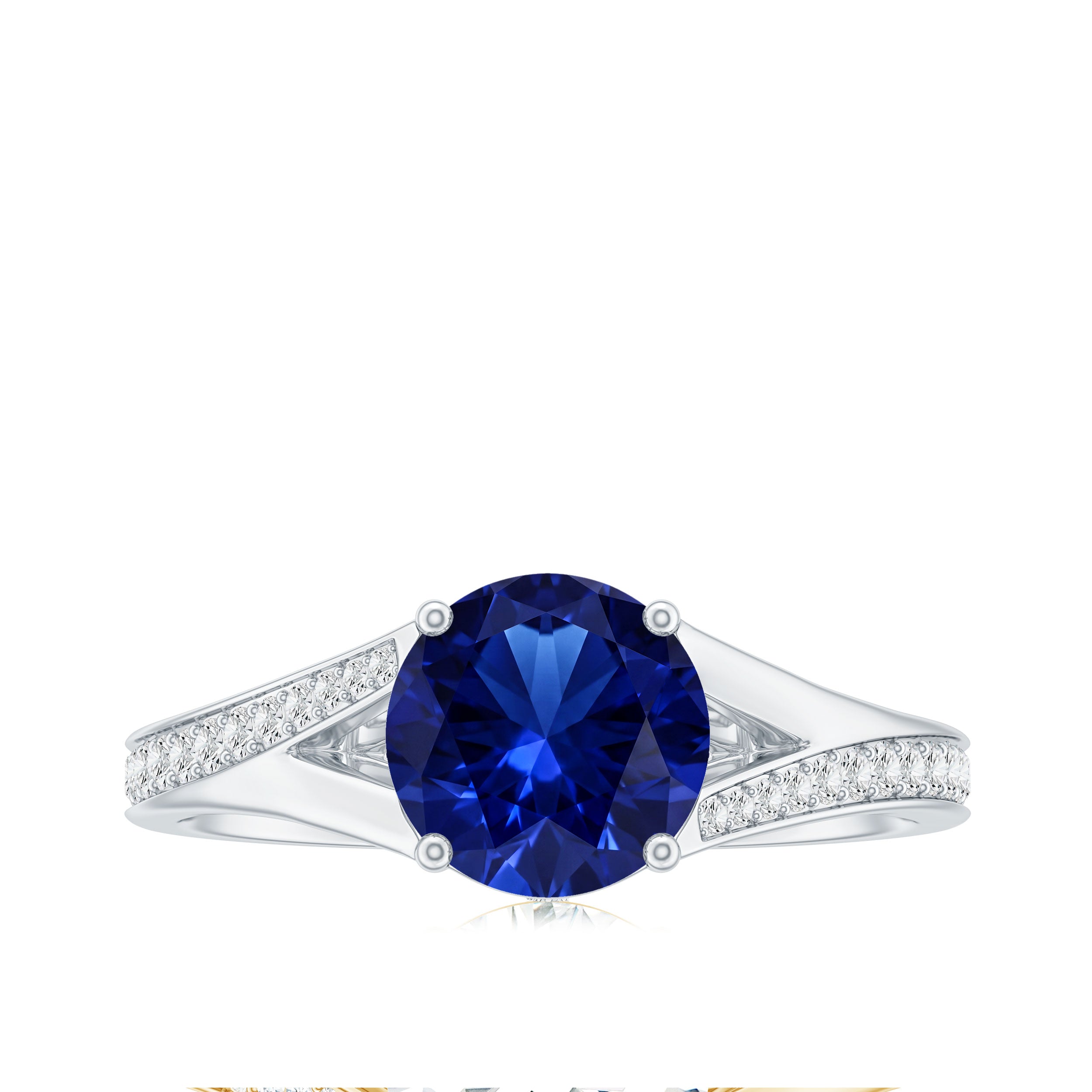 2.7 Carat Round Lab Grown Blue Sapphire Engagement Ring with Diamond Split Shank AAAA - Rosec Jewels