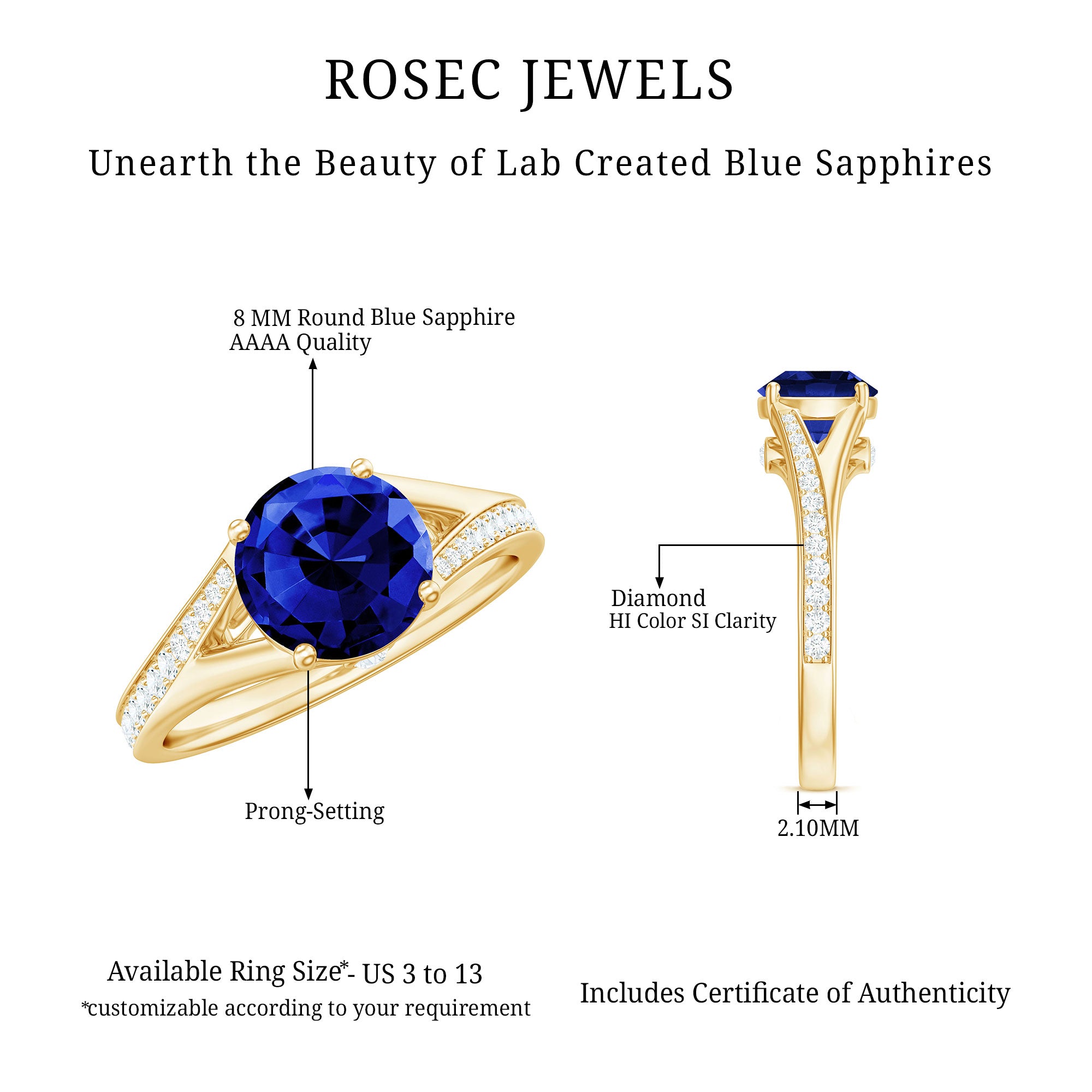 8mm Round Lab Grown Blue Sapphire Engagement Ring with Diamond Split Shank AAAA - Rosec Jewels