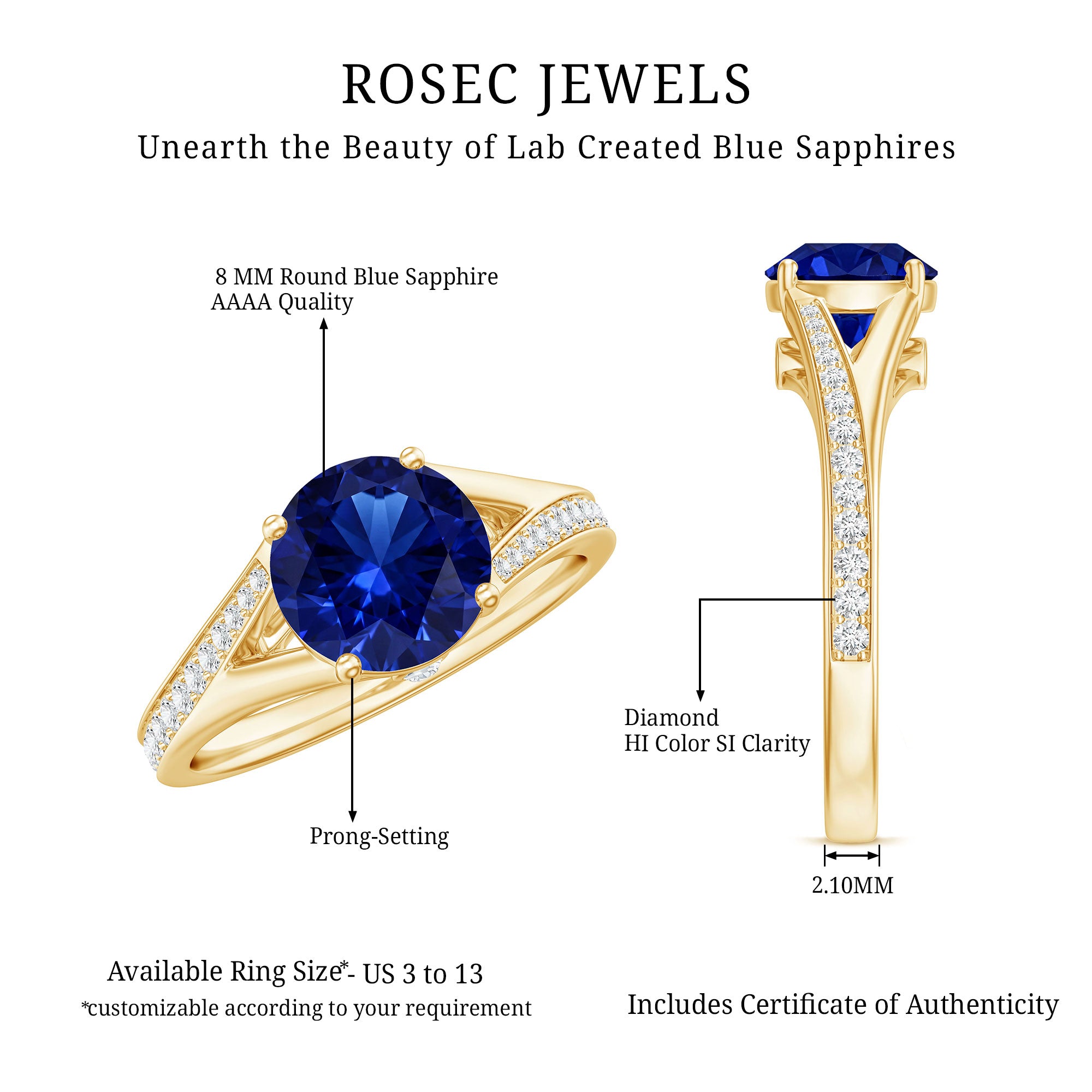 2.7 Carat Round Lab Grown Blue Sapphire Engagement Ring with Diamond Split Shank AAAA - Rosec Jewels