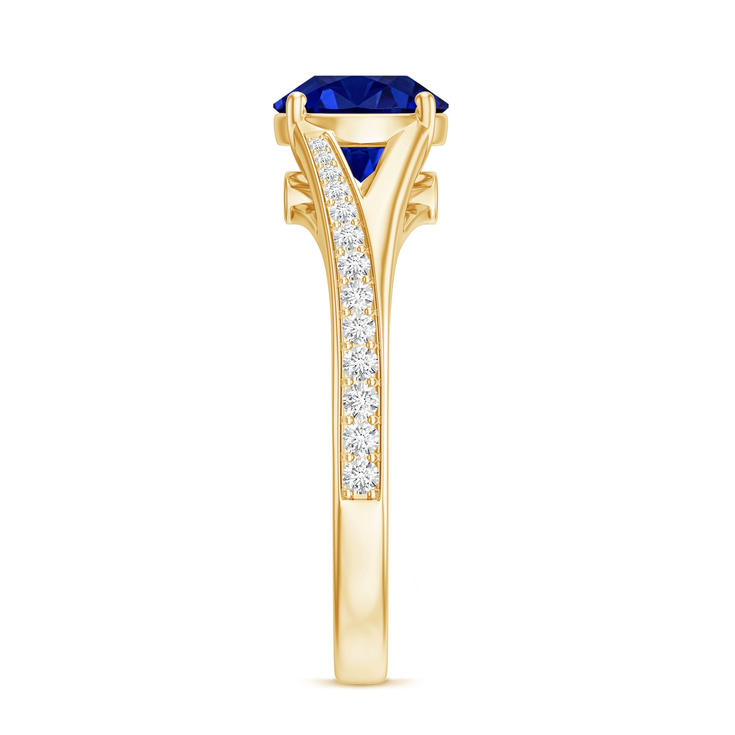 2.7 Carat Round Lab Grown Blue Sapphire Engagement Ring with Diamond Split Shank AAAA - Rosec Jewels