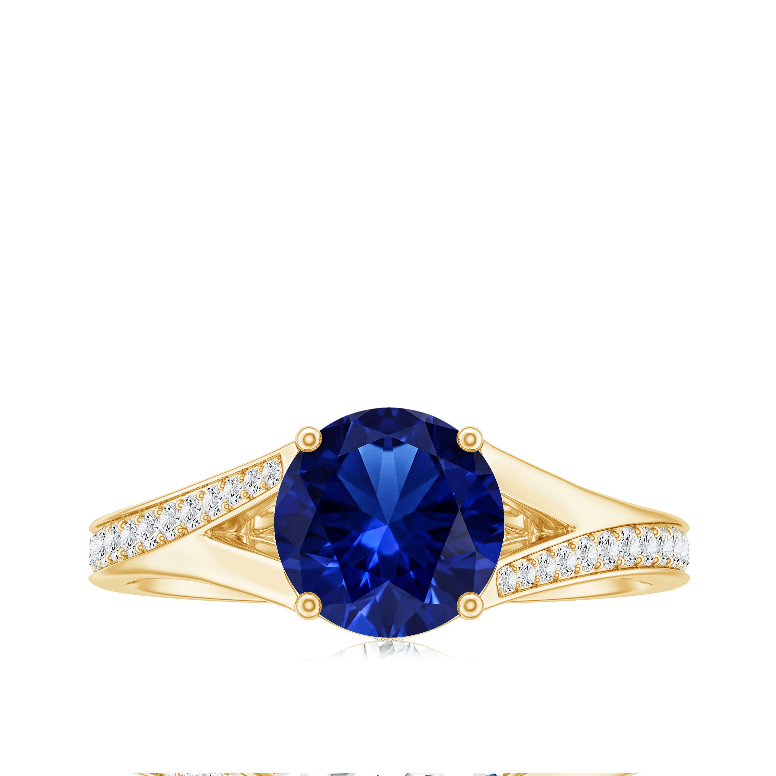 2.7 Carat Round Lab Grown Blue Sapphire Engagement Ring with Diamond Split Shank AAAA - Rosec Jewels