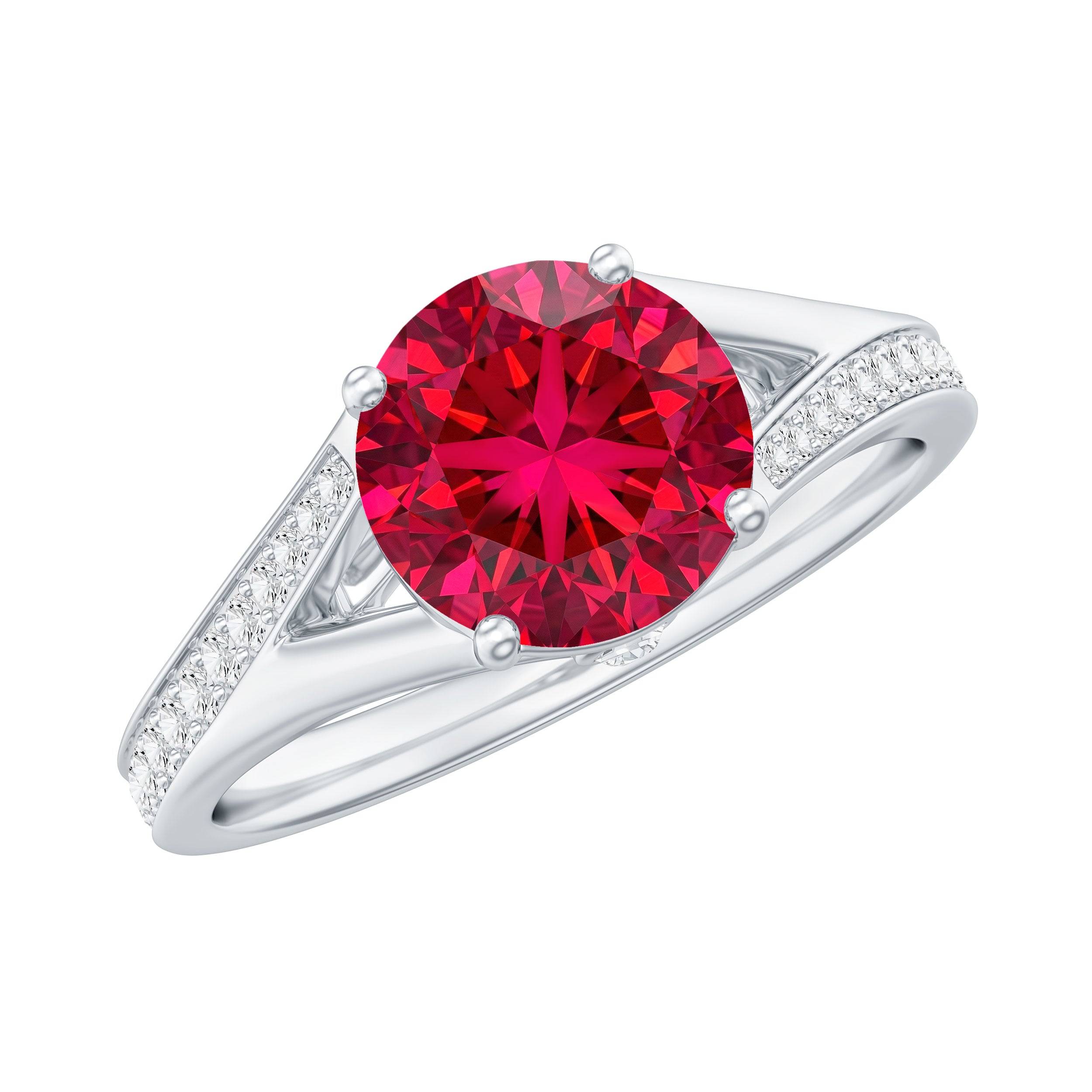 Lab Created Ruby and Diamond Engagement Ring in Split Shank AAAA - Rosec Jewels