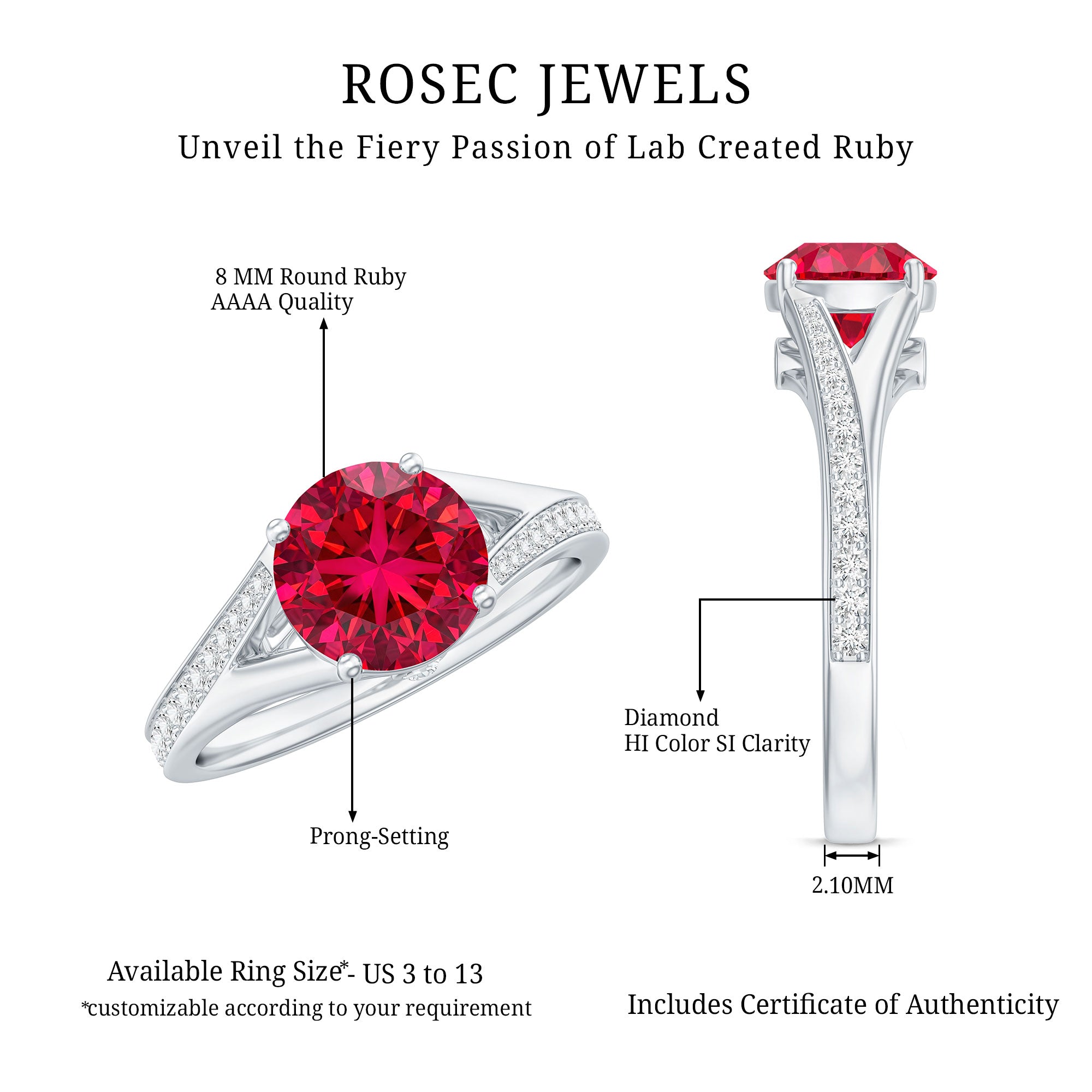 Lab Created Ruby and Diamond Engagement Ring in Split Shank AAAA - Rosec Jewels