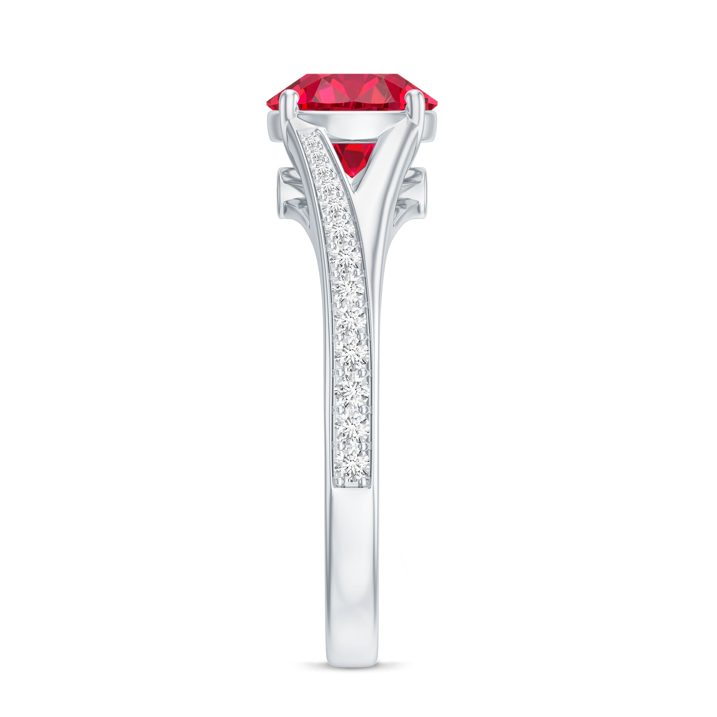 Lab Created Ruby and Diamond Engagement Ring in Split Shank AAAA - Rosec Jewels