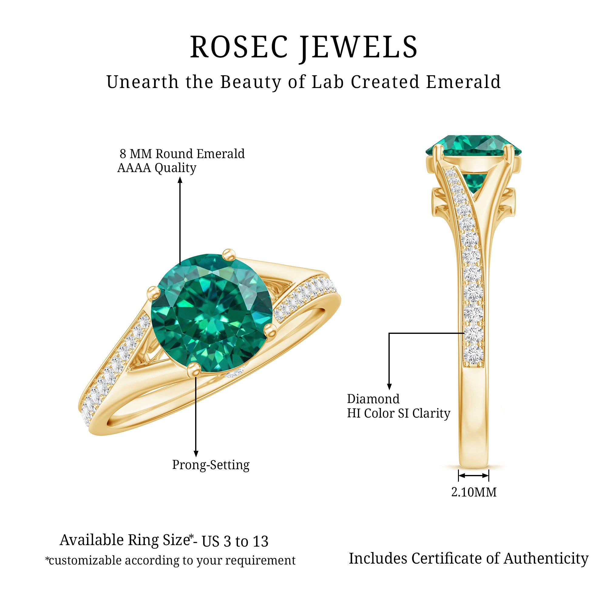 Certified 2 Carat Lab Grown Emerald Split Shank Engagement Ring with Diamond AAAA - Rosec Jewels