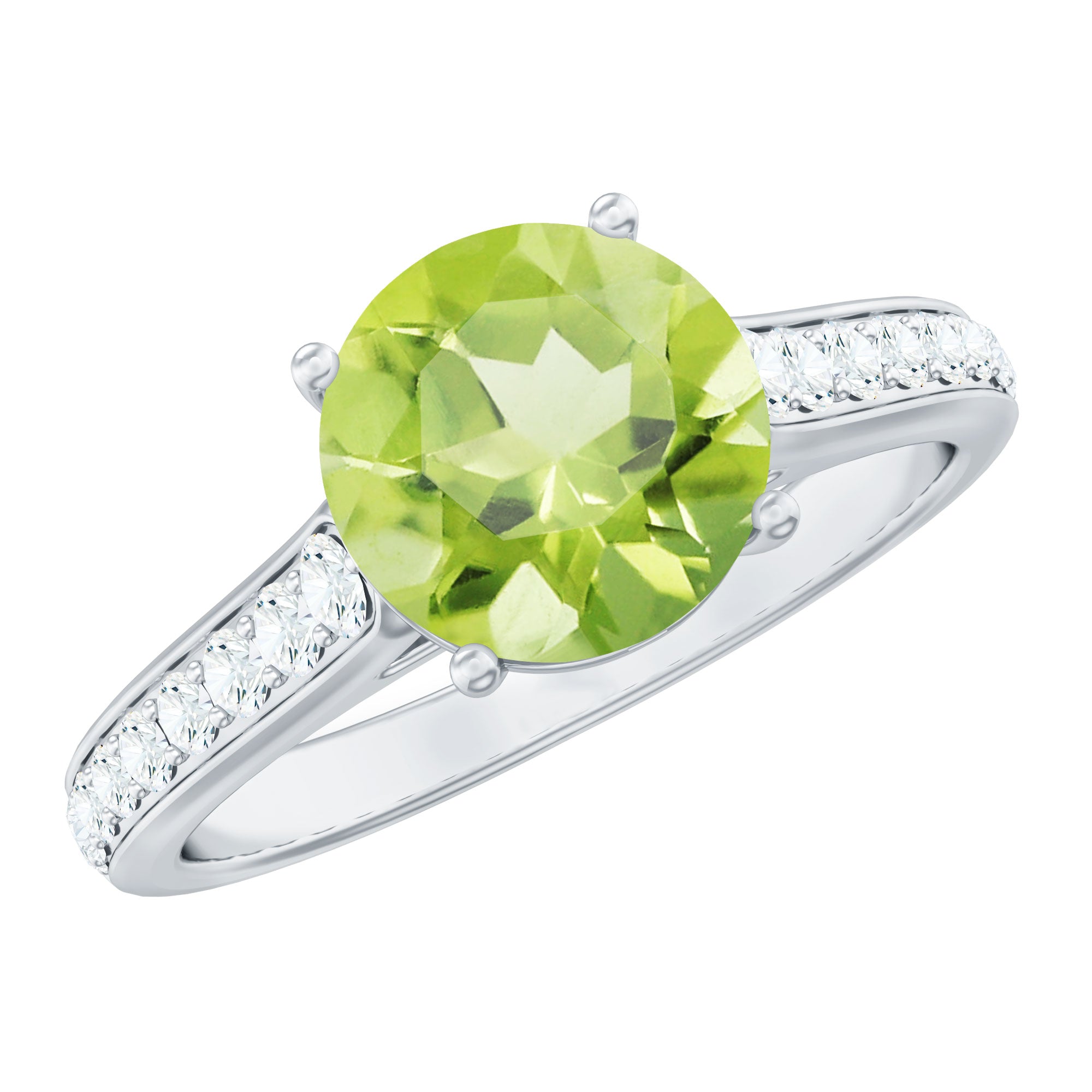 Natural Peridot Solitaire Engagement Ring with Diamond Side Stones