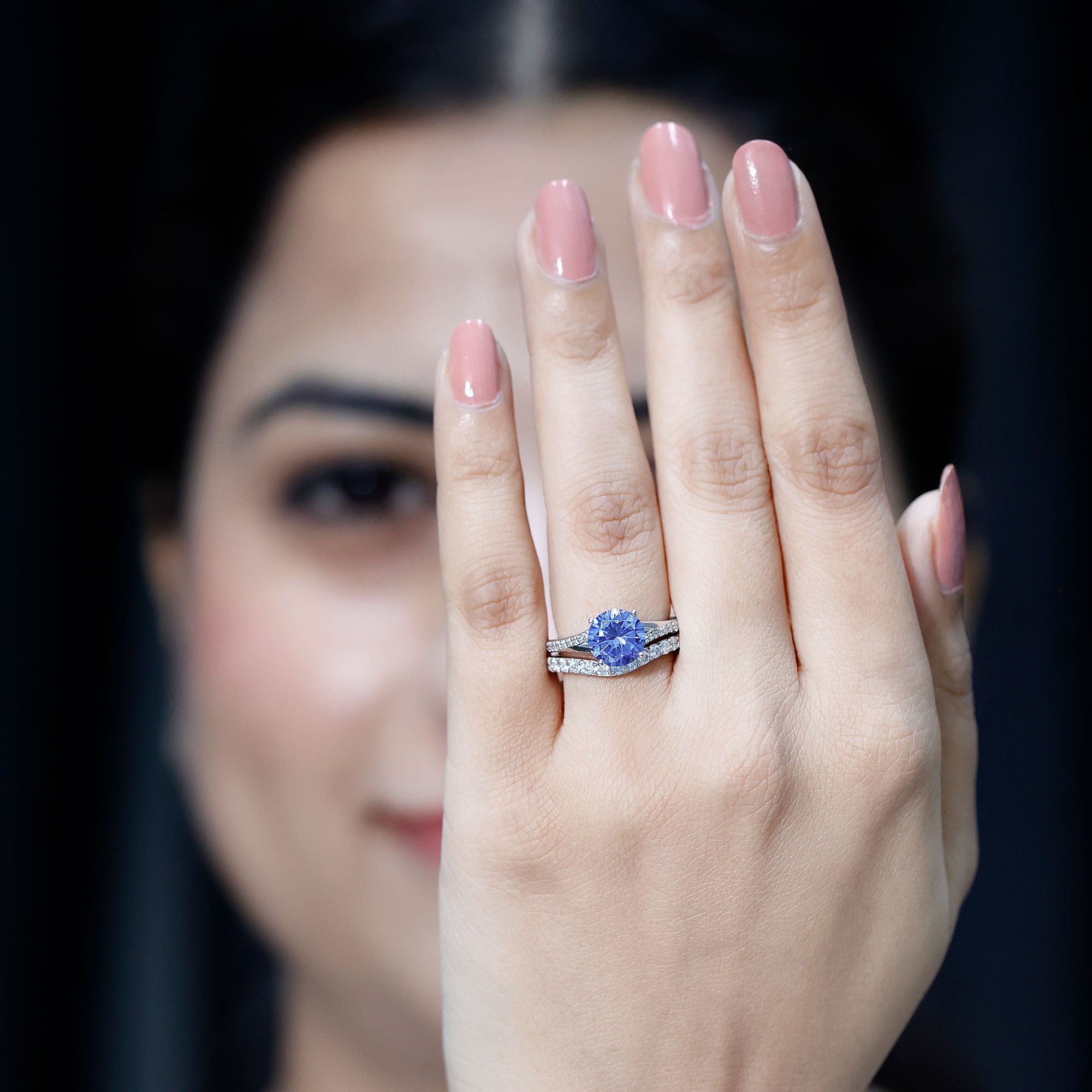 Certified 2.7 Carat Lab Grown Blue Sapphire Engagement Wedding Ring Set with Moissanite AAAA - Rosec Jewels