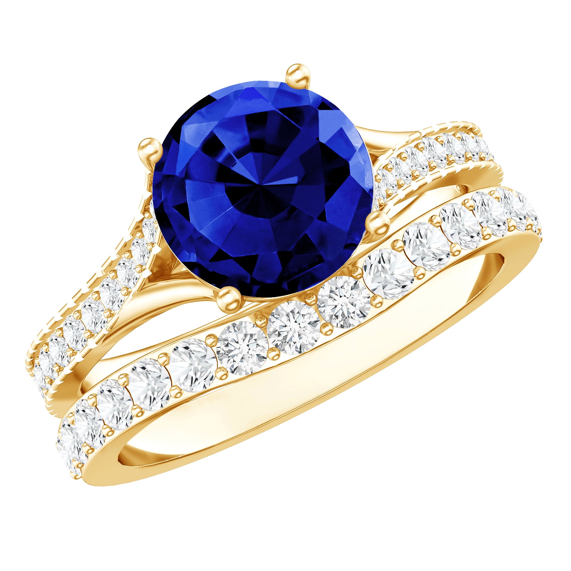 Certified 2.7 Carat Lab Grown Blue Sapphire Engagement Wedding Ring Set with Moissanite AAAA - Rosec Jewels
