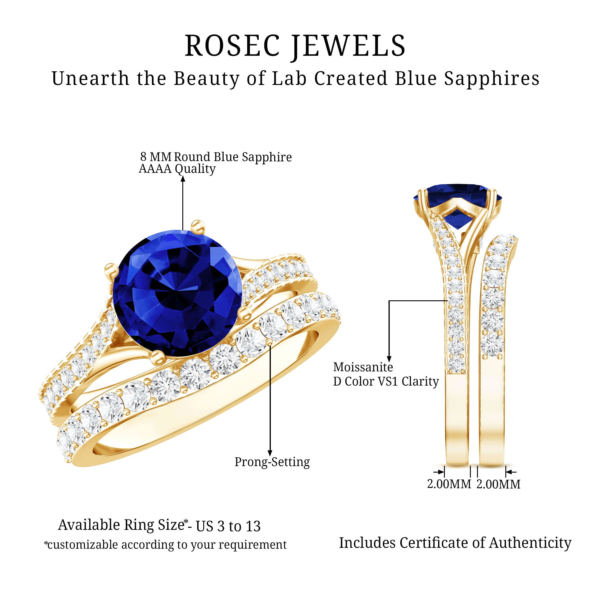 Certified 2.7 Carat Lab Grown Blue Sapphire Engagement Wedding Ring Set with Moissanite AAAA - Rosec Jewels