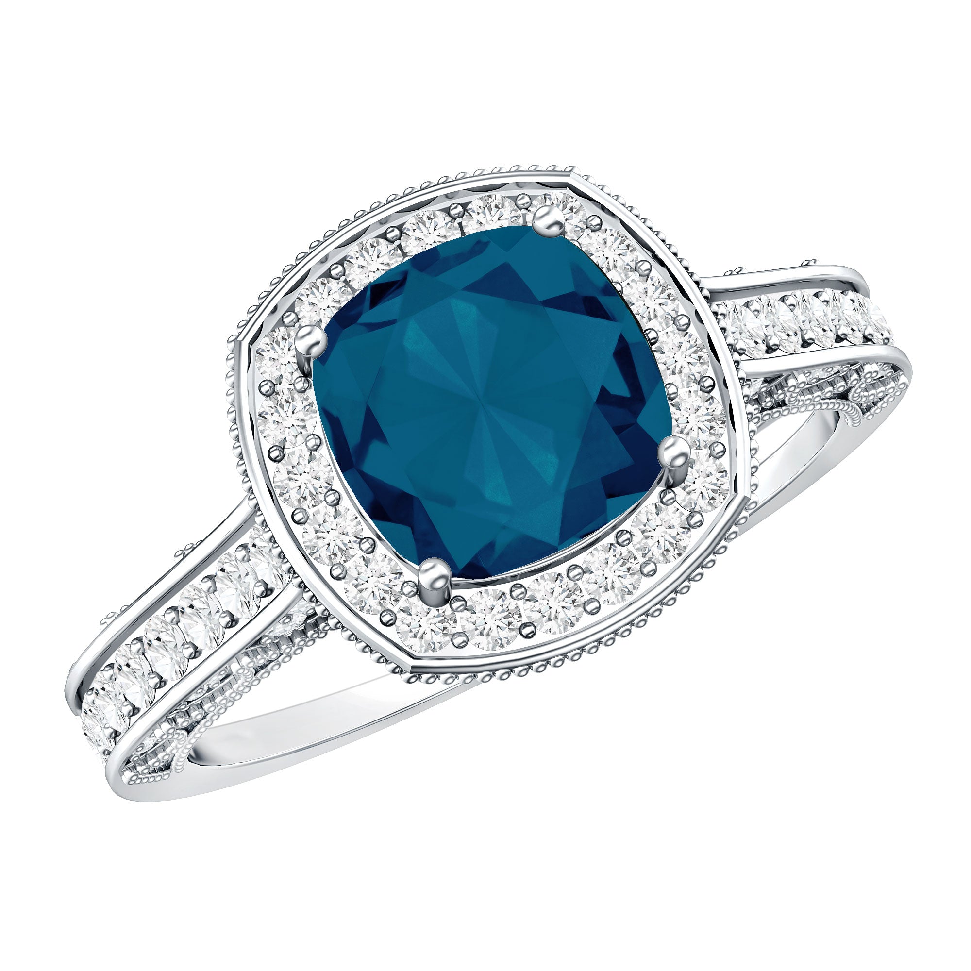 8 mm Cushion Cut London Blue Topaz Halo Engagement Ring with Diamond AAA - Rosec Jewels