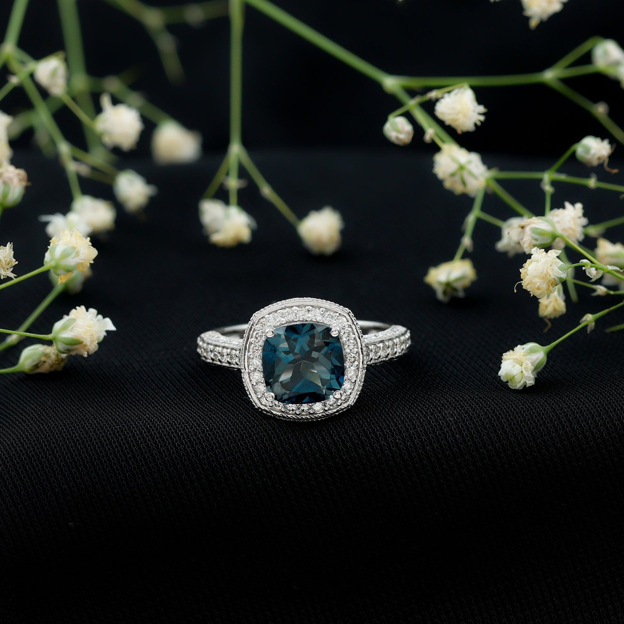 8 mm Cushion Cut London Blue Topaz Halo Engagement Ring with Diamond AAA - Rosec Jewels