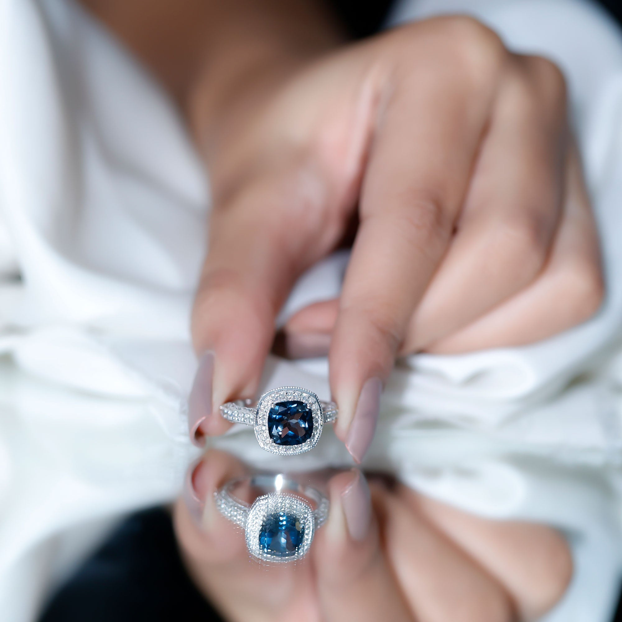 8 mm Cushion Cut London Blue Topaz Halo Engagement Ring with Diamond AAA - Rosec Jewels