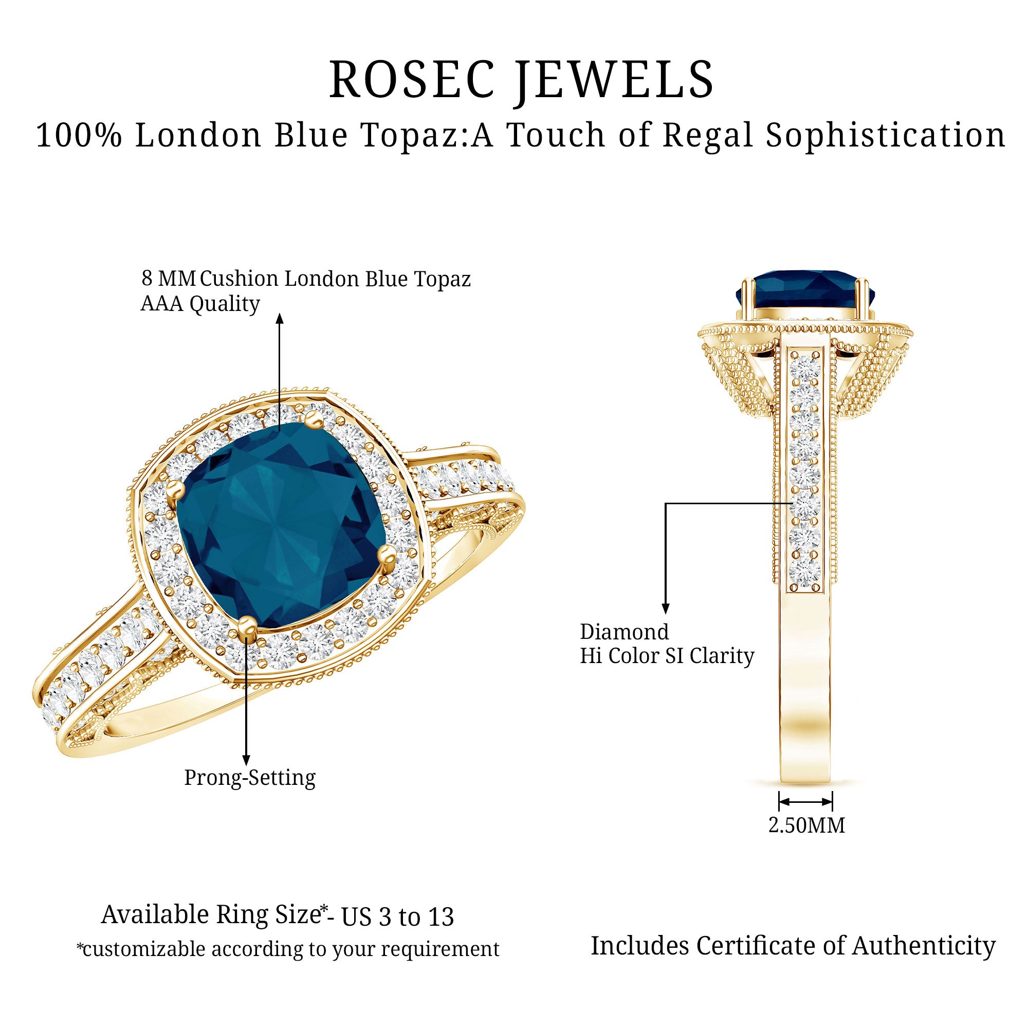 8 mm Cushion Cut London Blue Topaz Halo Engagement Ring with Diamond AAA - Rosec Jewels