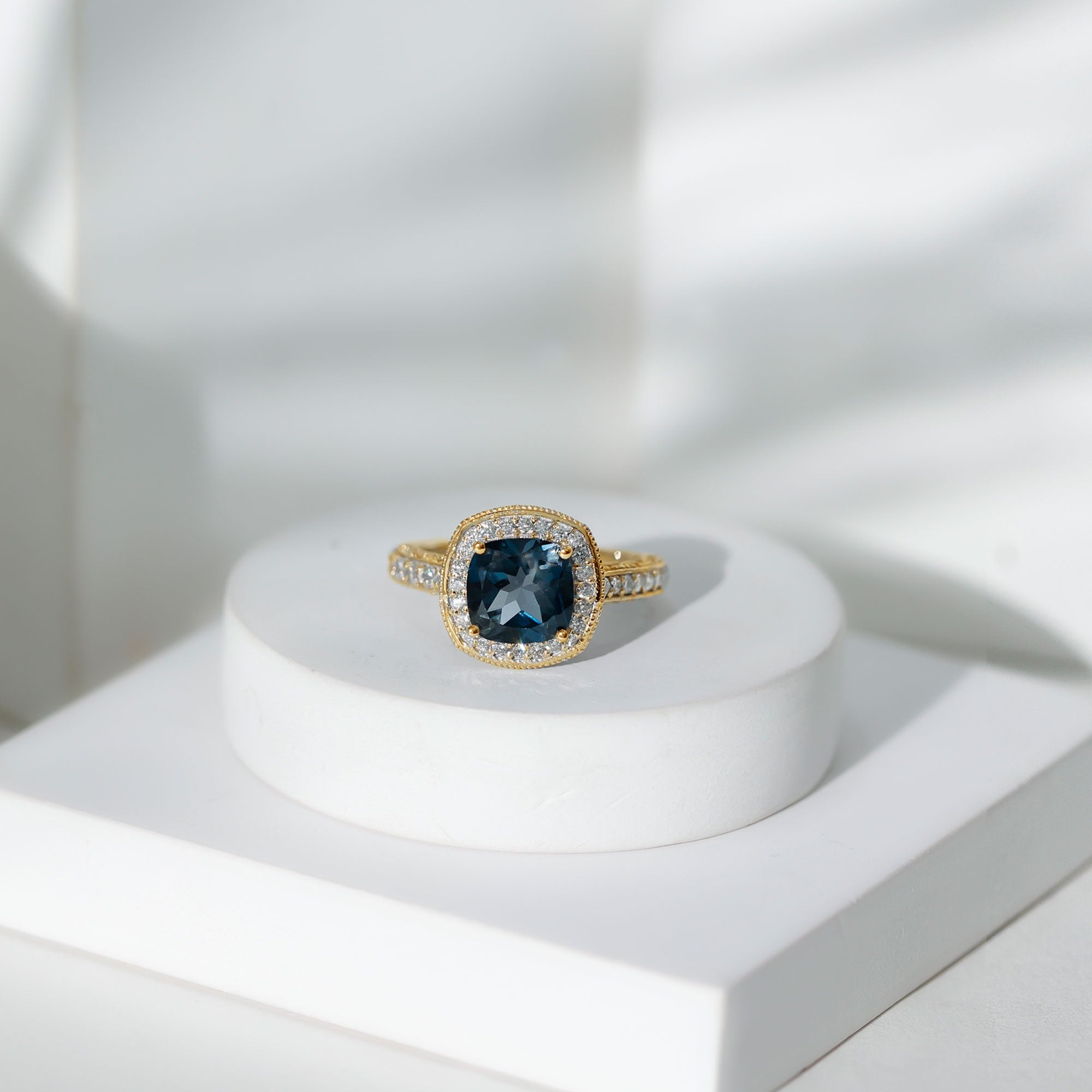 8 mm Cushion Cut London Blue Topaz Halo Engagement Ring with Diamond AAA - Rosec Jewels